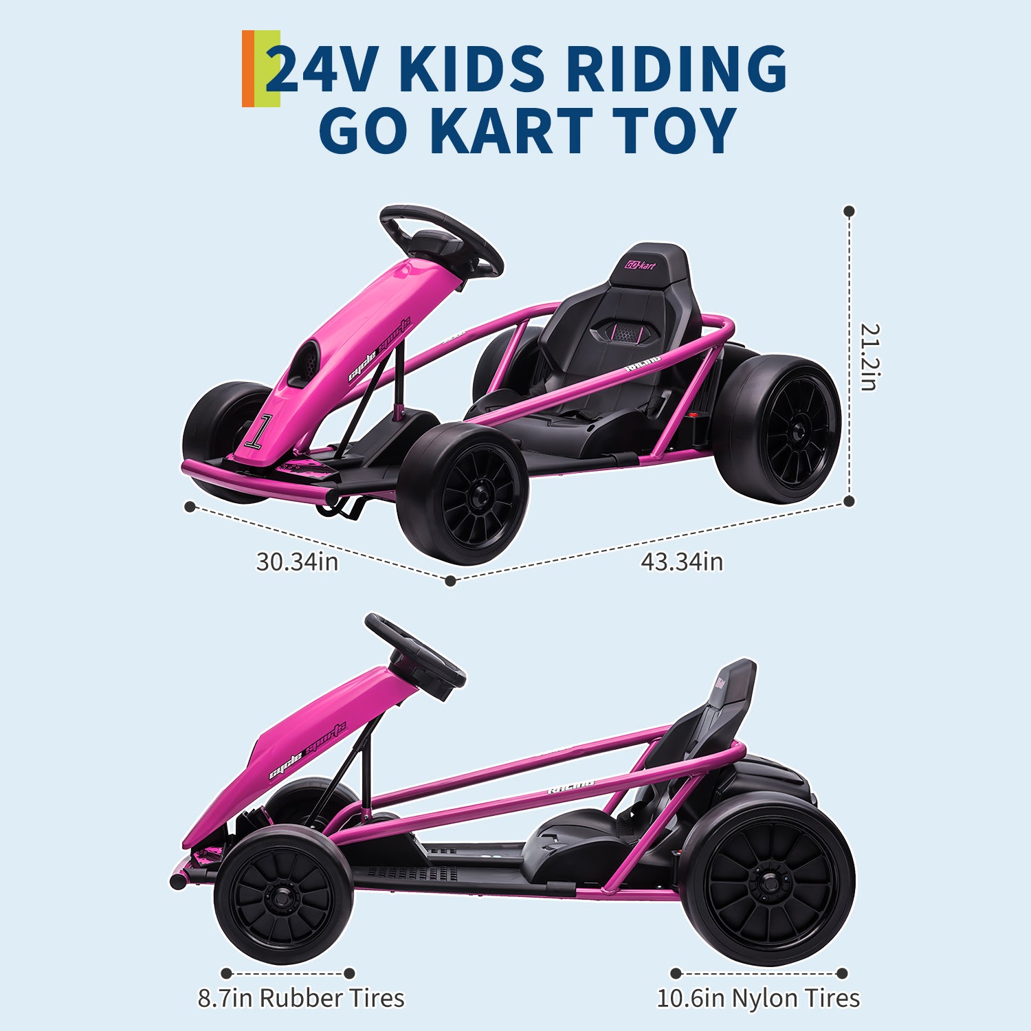 Garvee Ride G Series 24V Go Kart for Kids 8-12, 300W*2 Motors, 9Ah Battery, 8MPH Speed, Music, Horn, 175lbs Max Load - Pink