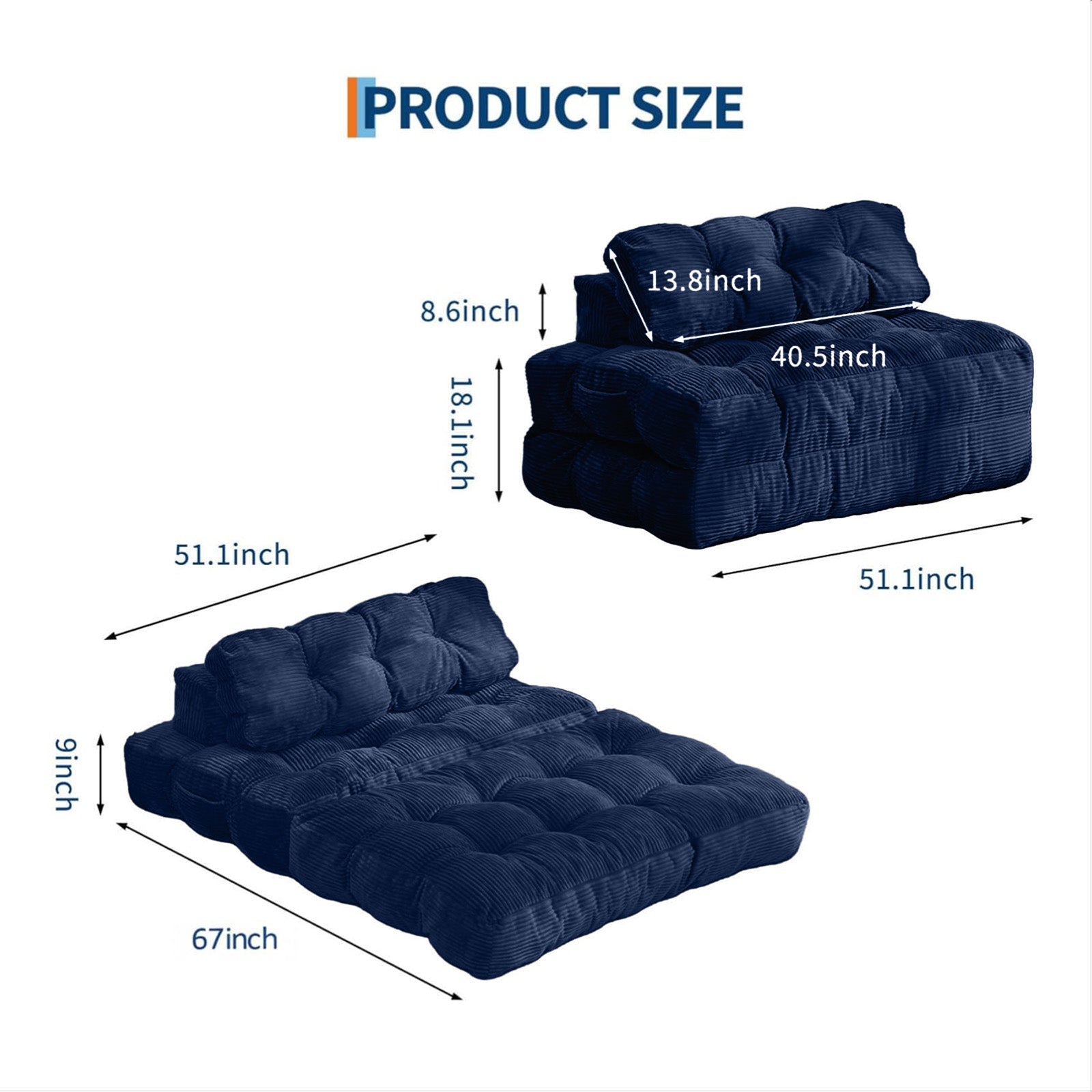 Garvee Folding Sofa Bed, 3-in-1 Convertible Sleeper Chair with Pillow, Double Futon Couch Bed with Back Support, Portable Fold Out Chair Bed Comfy Floor Sofa Lounge for Living Room Bedroom, Navy Blue