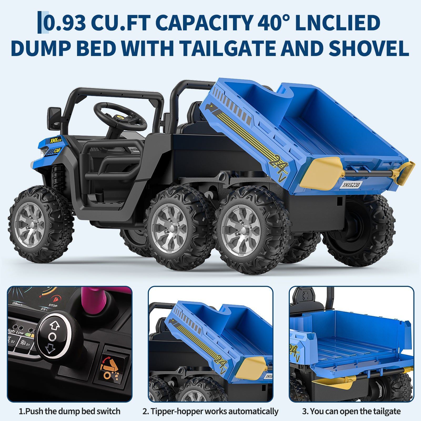 Garvee Ride - P Series: 2-Seater Ride on Car,6X6 24V Kids Ride On Dump Truck with Remote Control Electric Utility Vehicles UTV Battery Powered 6 Wheeler, for 3 years and up - Blue