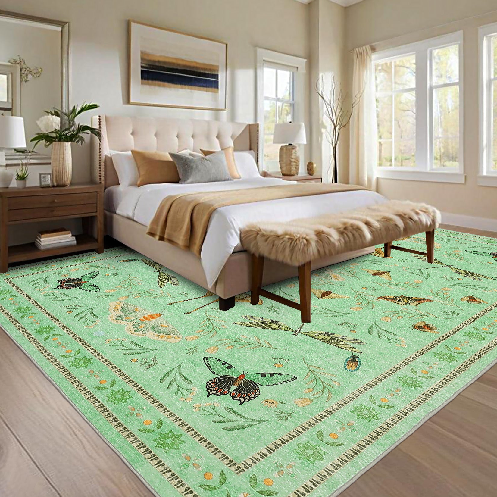 Garvee 6' x 9' Botanical Insect Area Rug, Washable Non-Slip Soft Low-Pile Moth, Butterfly & Dragonfly Rug for Living Room & Bedroom, Light Green