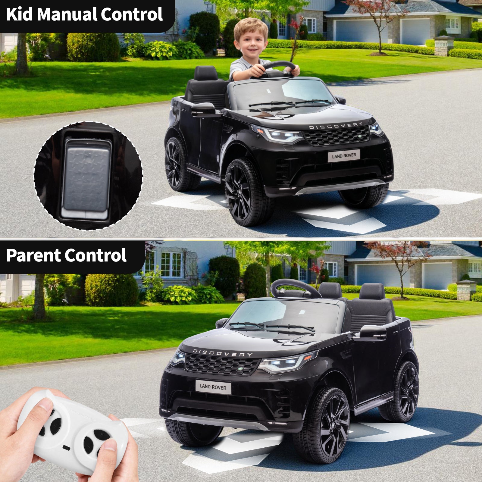 Garvee Ride P Series 12V Kids Ride On Car Land Rover Style Dual Motors 3 Speed Modes 4.5Ah Battery Safety Seatbelt Remote Control Black Outdoor Play - Black
