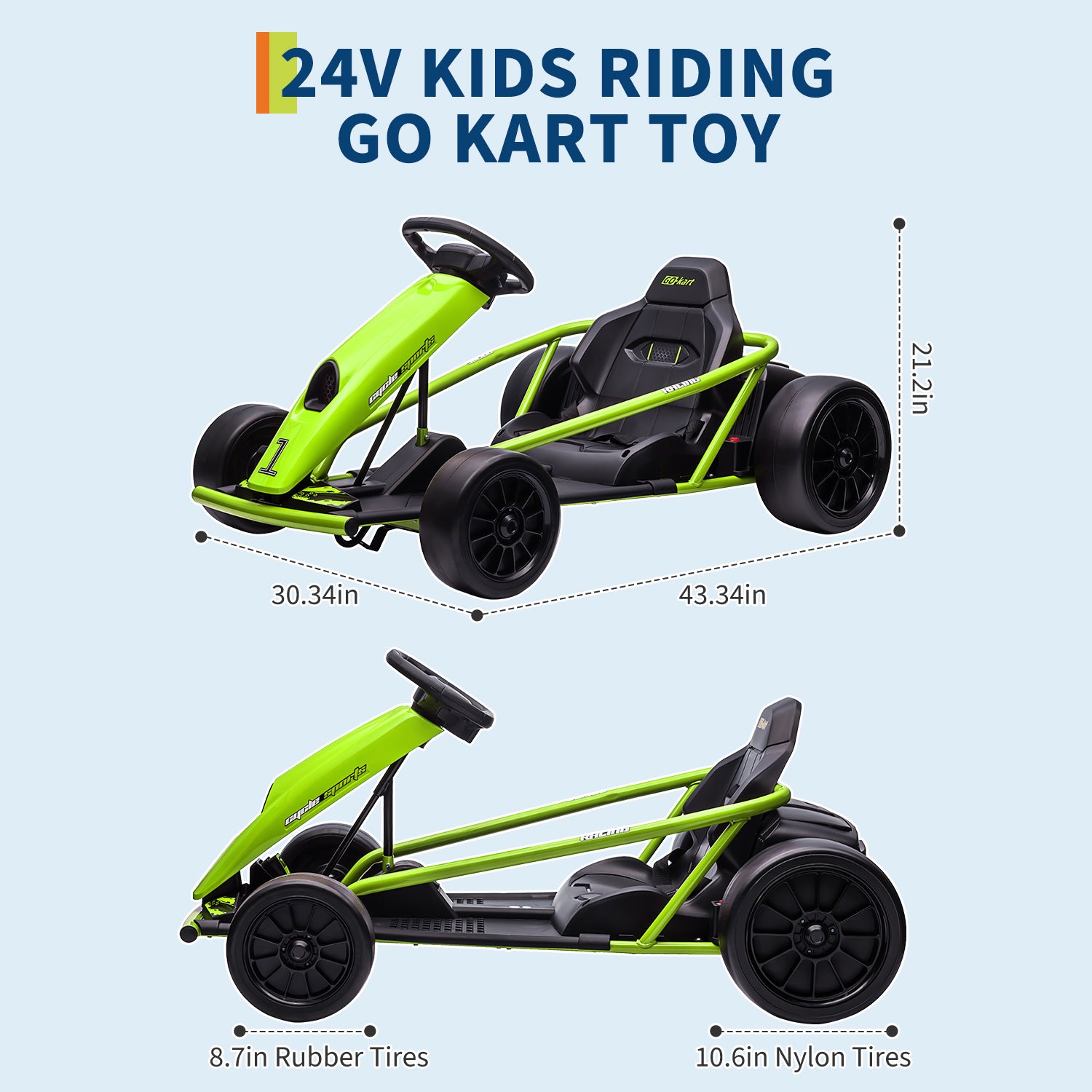 Garvee Ride G Series 24V Go Kart for Kids 8-12, 300W*2 Motors, 9Ah Battery, 8MPH Speed, Music, Horn, 175lbs Max Load - Green