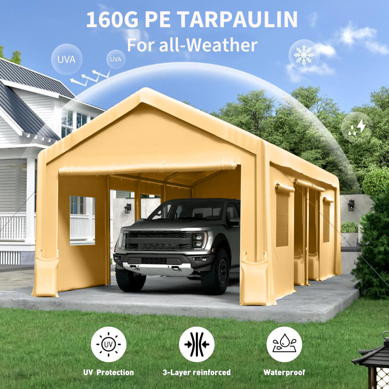 Garvee 13'x20' 160G Heavy-Duty Carport Replacement Cover Waterproof UV Protected for Garage Tent Shelter Outdoor Yellow (Frame Not Included)