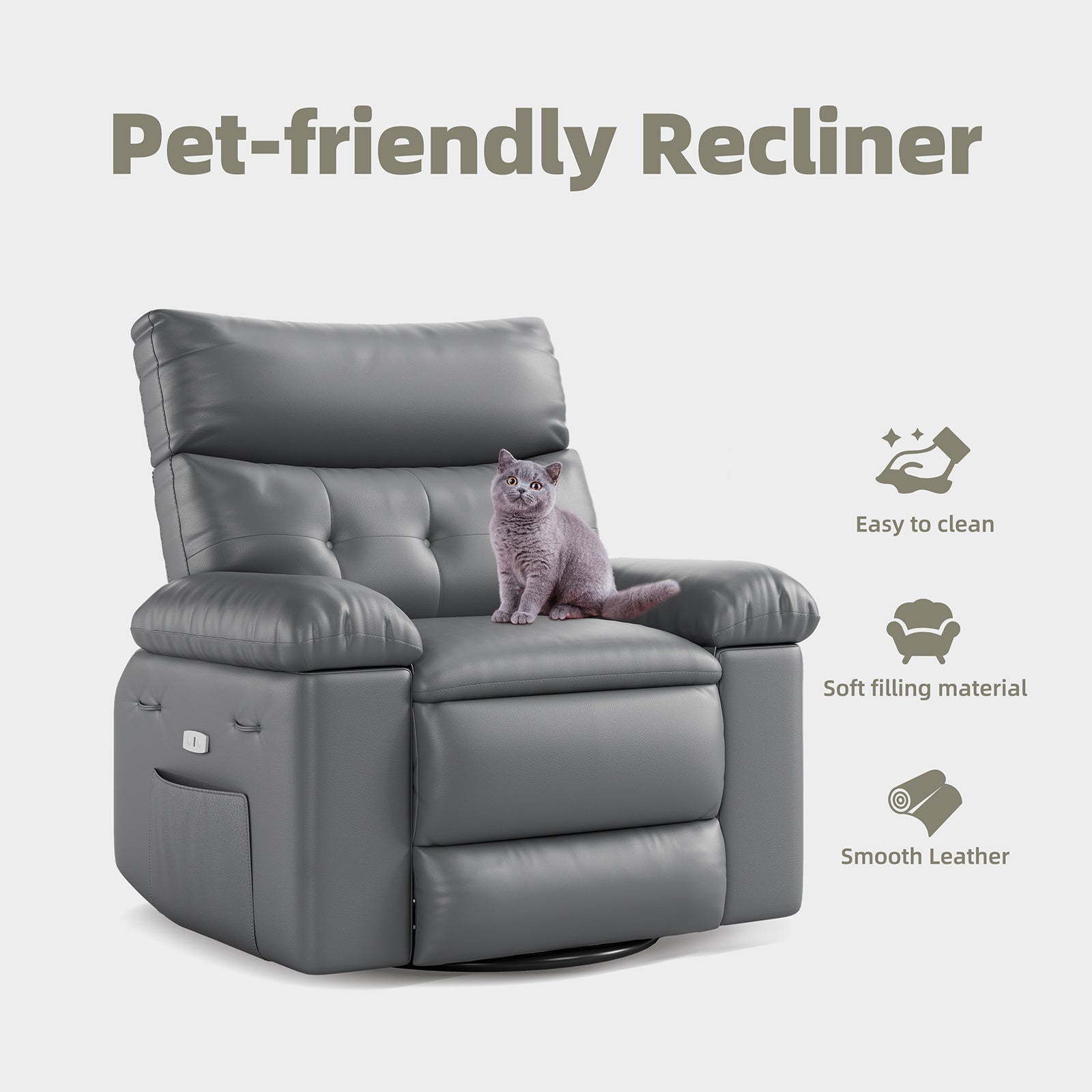 Garvee Power Recliner Chair, Rocking Recliner for Adults, Swivel Recliner with Massage, Upholstered Fabric Glider Recliner Nursery Chair, Single Sofa Seat with Side Pockets for Living Room, Grey