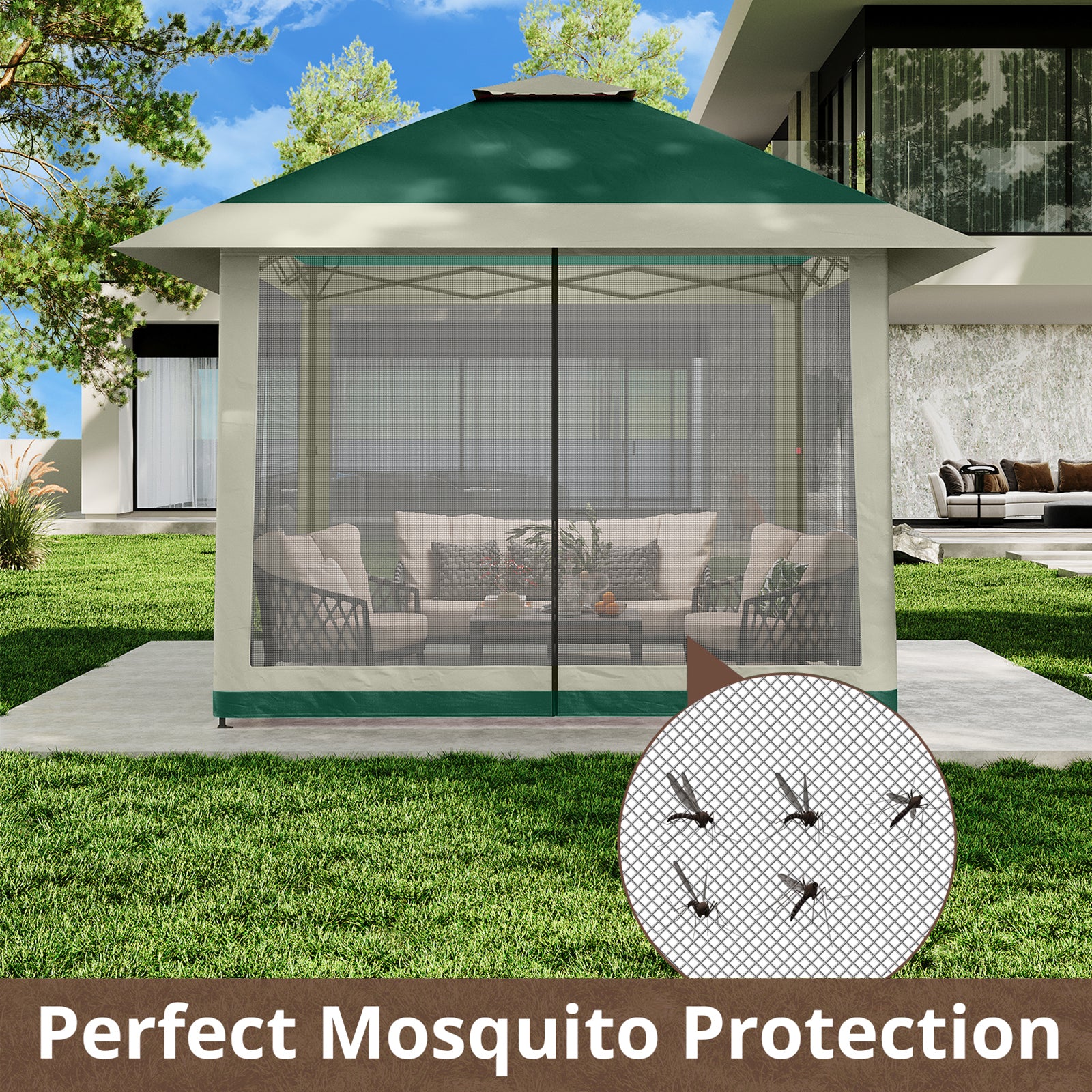 Garvee 13'x13' Pop Up Tent Outdoor Canopy Shelter with Mosquito Netting 4 Stanbags Instant Gazebo Tent for Lawn, Garden, Backyard Deck (Olive Green + Taupe)