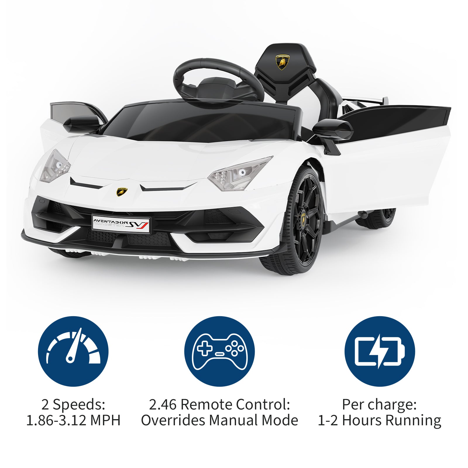 Garvee Ride P Series 12V Electric Ride-On Car for Kids | Licensed Lamborghini Battery-Powered Sports Car with Remote Control, 2 Speeds, Sound System, LED Headlights, Hydraulic Doors - White