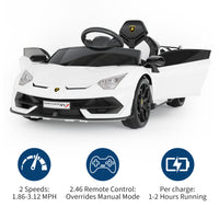 Garvee Ride P Series 12V Electric Ride-On Car for Kids | Licensed Lamborghini Battery-Powered Sports Car with Remote Control, 2 Speeds, Sound System, LED Headlights, Hydraulic Doors - White