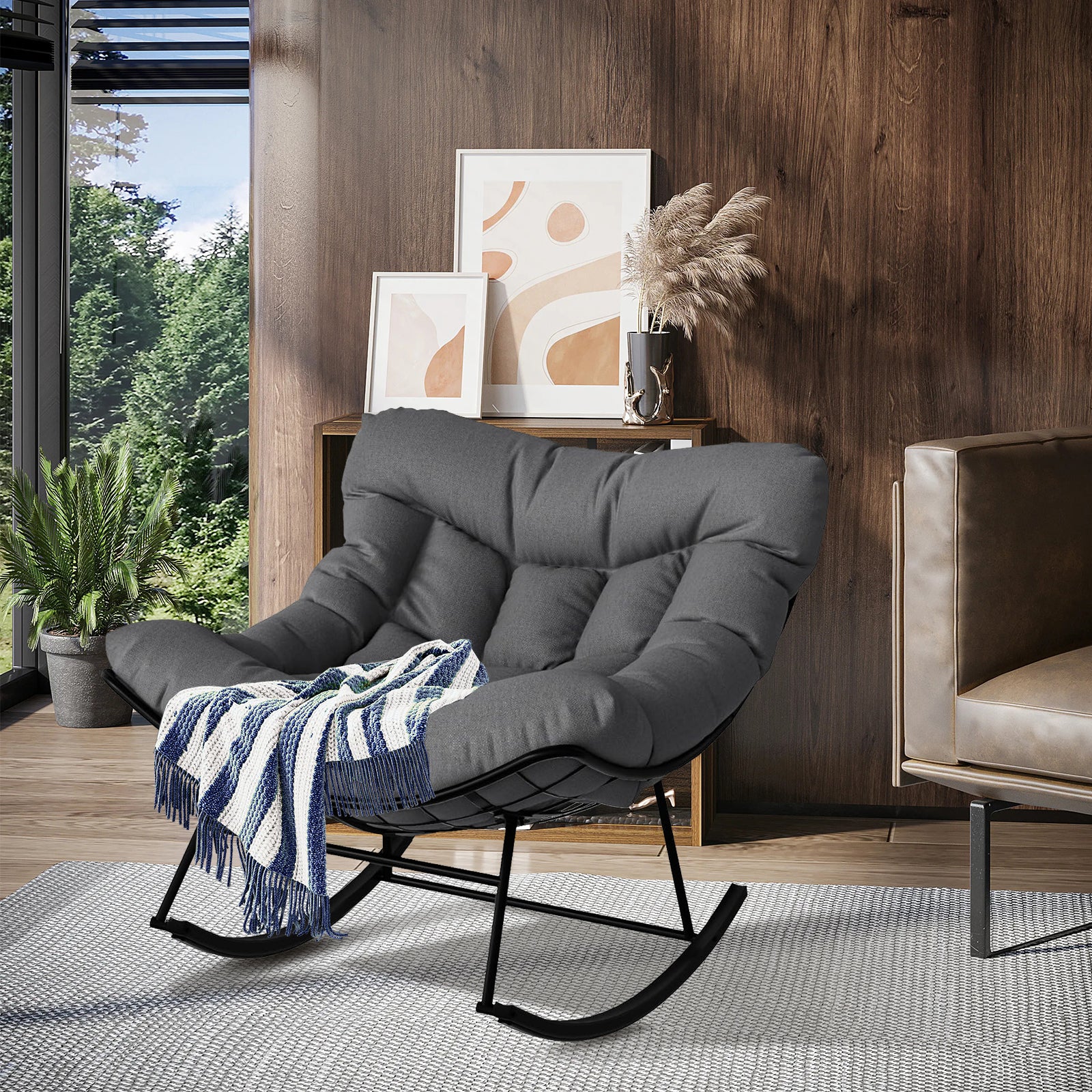 Garvee Papasan Rocking Chair with Footrest, Metal Patio Lounge Rocking Chair with Ottoman & Thick Cushion, Patio Comfy Modern Egg Rocker for Balcony Backyard Porch Bedroom, Dark Grey