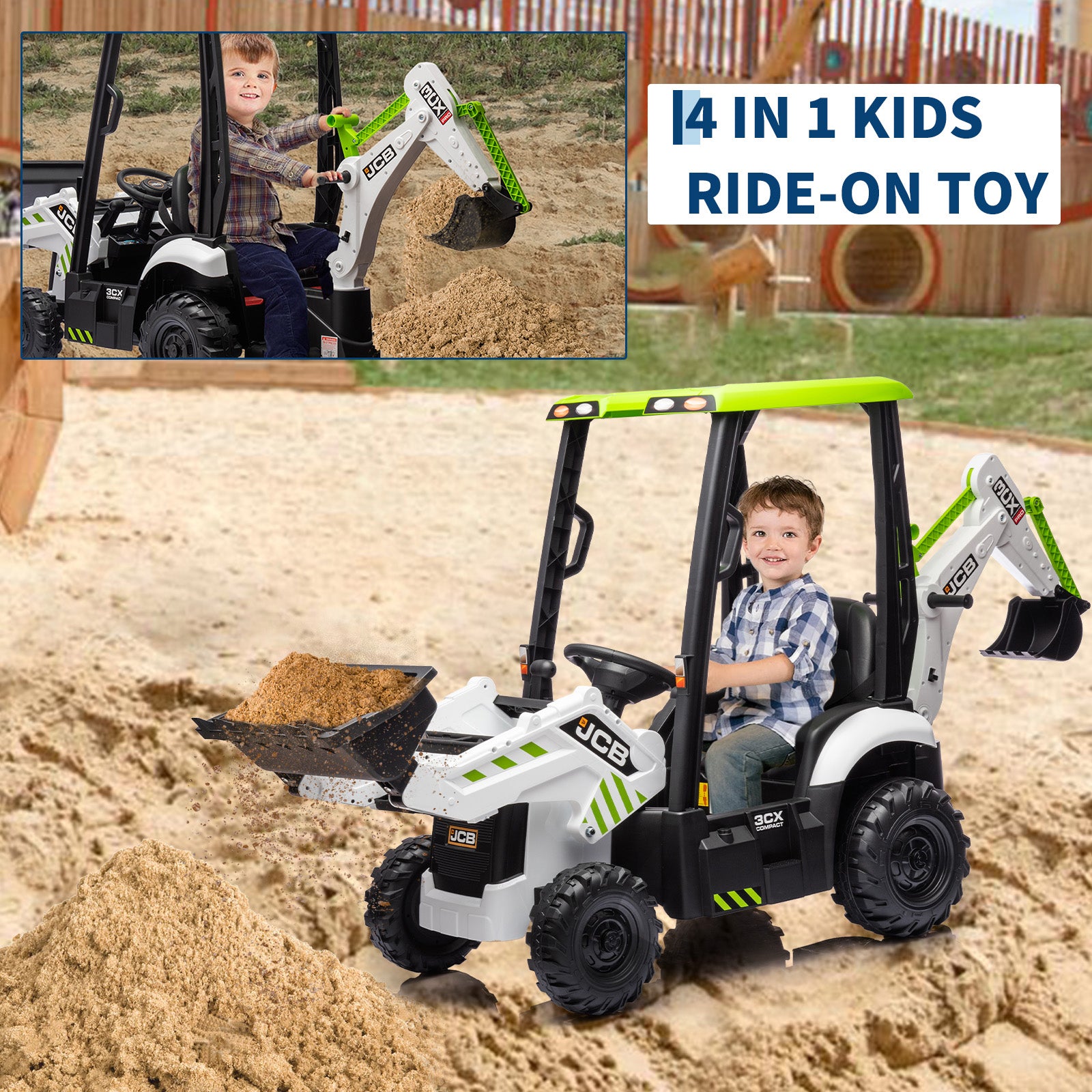 Garvee Ride - P Series: 4-in-1 Ride-On Tractor for Kids: Excavator, Bulldozer, Removable Tent, 12V Battery, Remote Control, Front Loader, Horn, EVA Tires - White