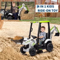Garvee Ride - P Series: 4-in-1 Ride-On Tractor for Kids: Excavator, Bulldozer, Removable Tent, 12V Battery, Remote Control, Front Loader, Horn, EVA Tires - White