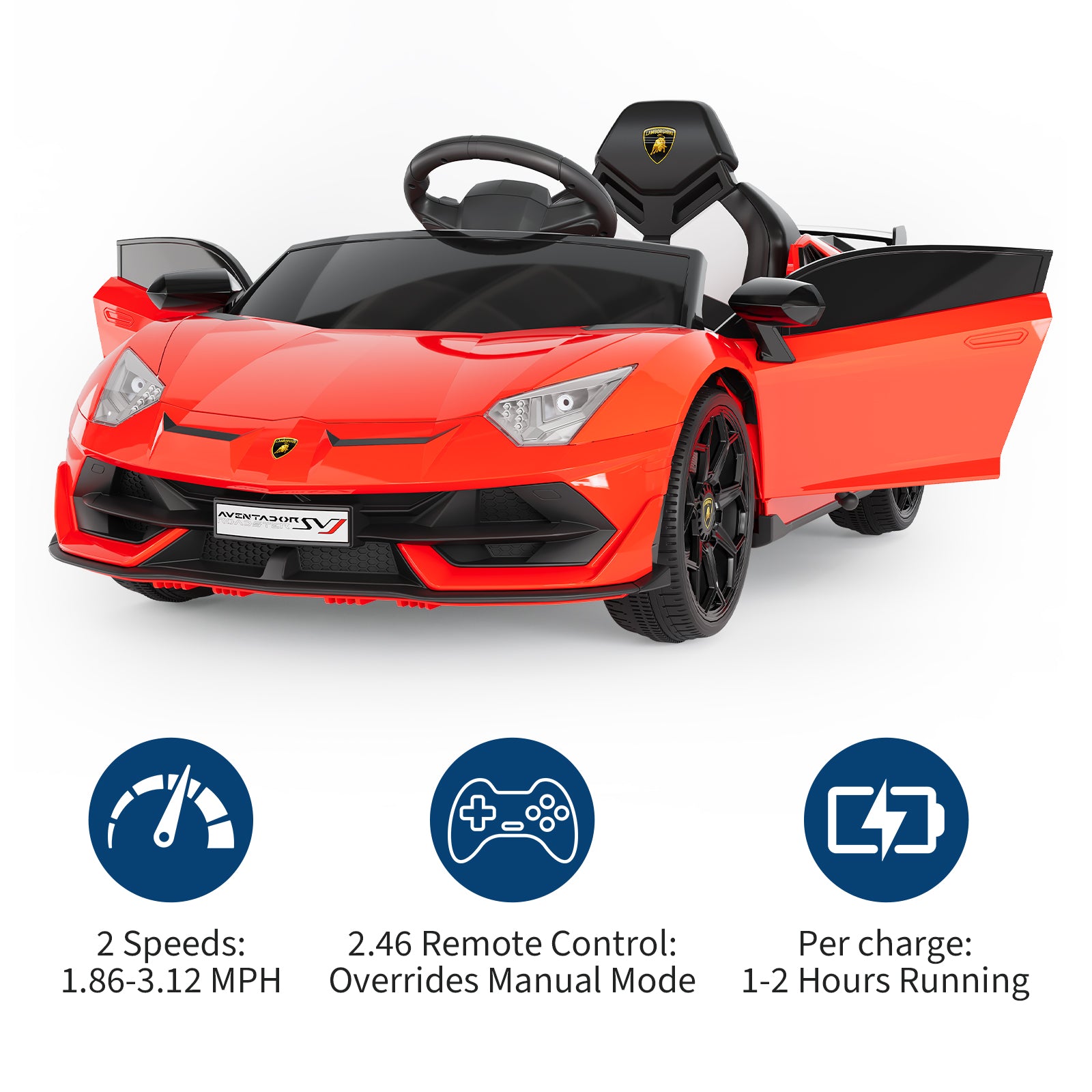 Garvee Ride P Series 12V Electric Ride-On Car for Kids | Licensed Lamborghini Battery-Powered Sports Car with Remote Control, 2 Speeds, Sound System, LED Headlights, Hydraulic Doors - Red