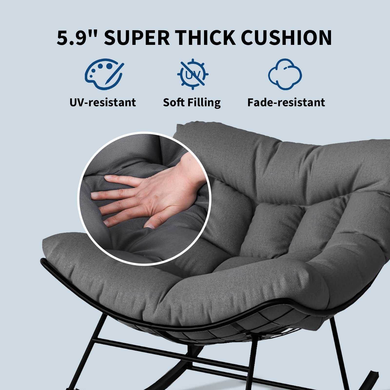 Garvee Papasan Rocking Chair with Footrest, Metal Patio Lounge Rocking Chair with Ottoman & Thick Cushion, Patio Comfy Modern Egg Rocker for Balcony Backyard Porch Bedroom, Dark Grey