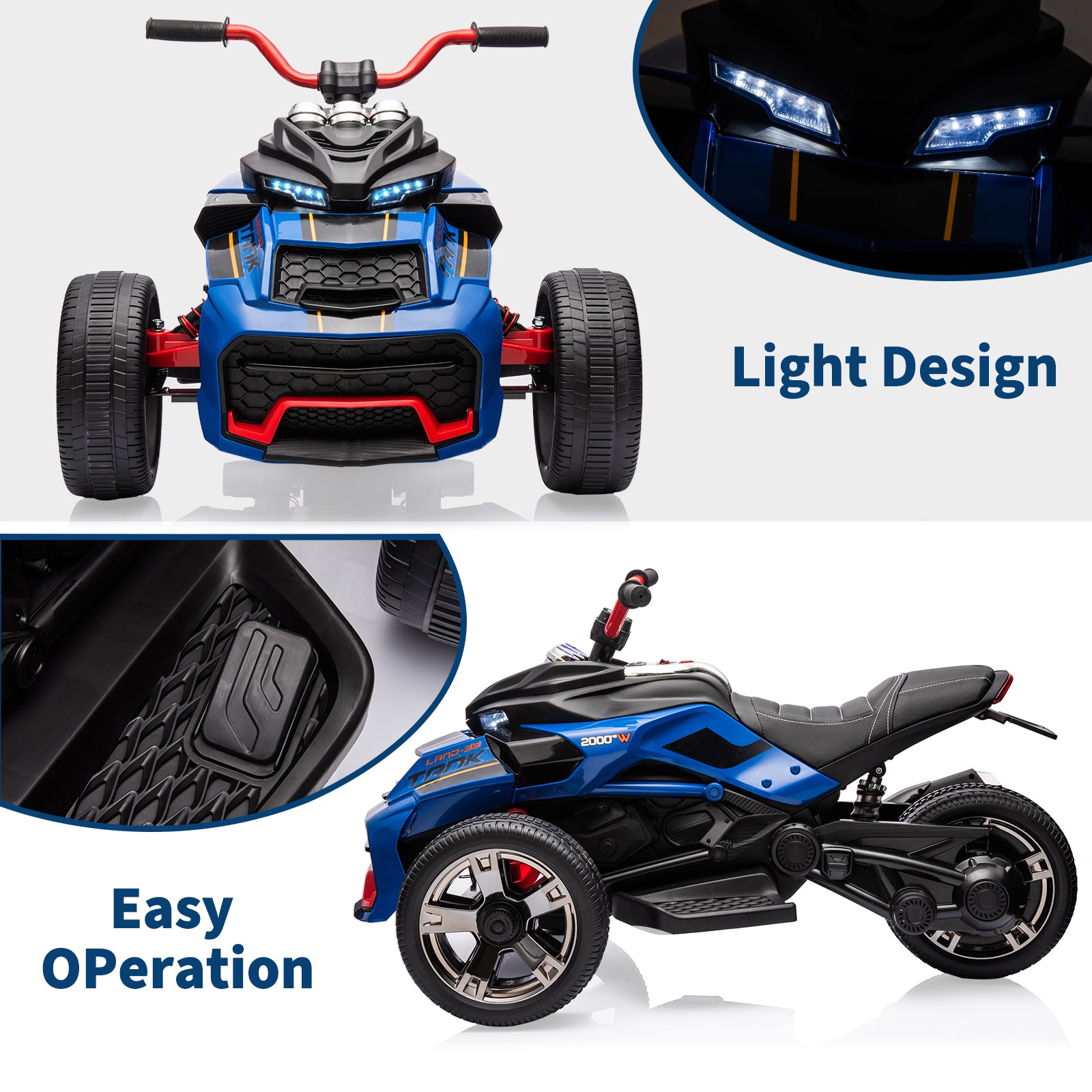 Garvee 12V Kids Ride on Toy for Kids, 2x55W Powerful Engine 7AH Battery, 3 - 7 km/H, 3 Wheelers Electric Vehicle, LED Lights, 2 Speeds, EVA Tire, Music, USB - Blue