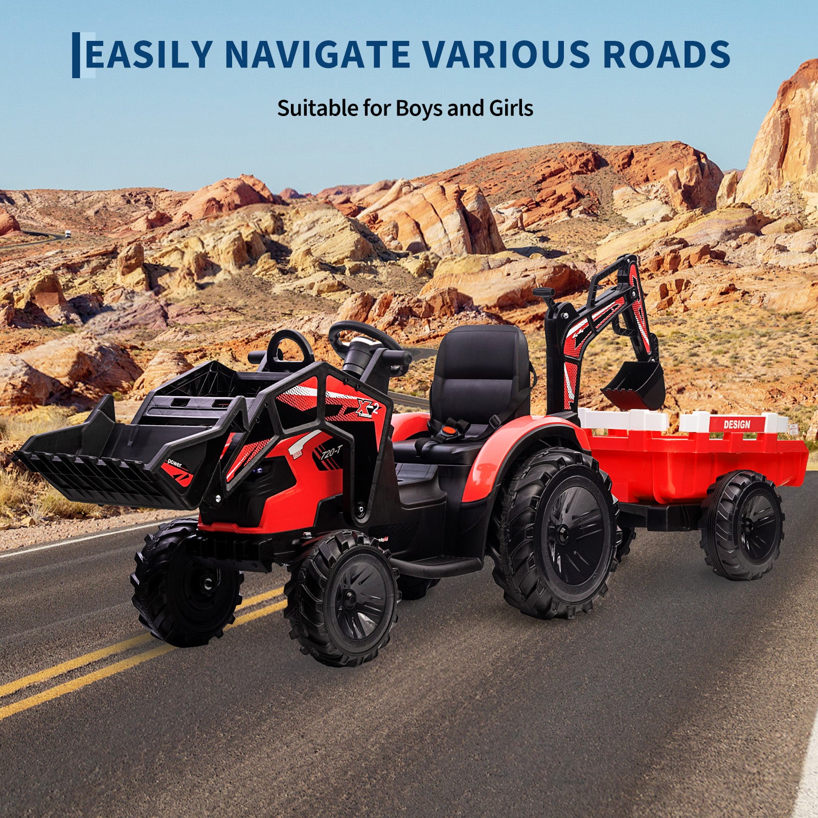 Garvee Ride P Series 3-in-1 Ride-On Tractor, 24V Electric, Excavator & Bulldozer, Remote Control, LED, Music, USB/Bluetooth max 66 lbs - Bright-red