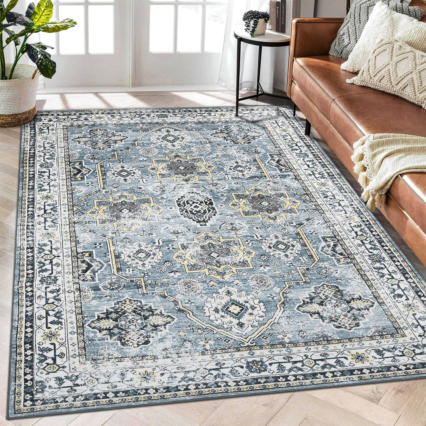 Garvee Boho Blue 5x7 Washable Rug, Oriental Vintage Non Slip Soft Faux Wool Stain Resistant Carpet for Living Room, Bedroom, Officem Soft Faux Wool Stain Resistant Carpet for Office Nursery Dining Room