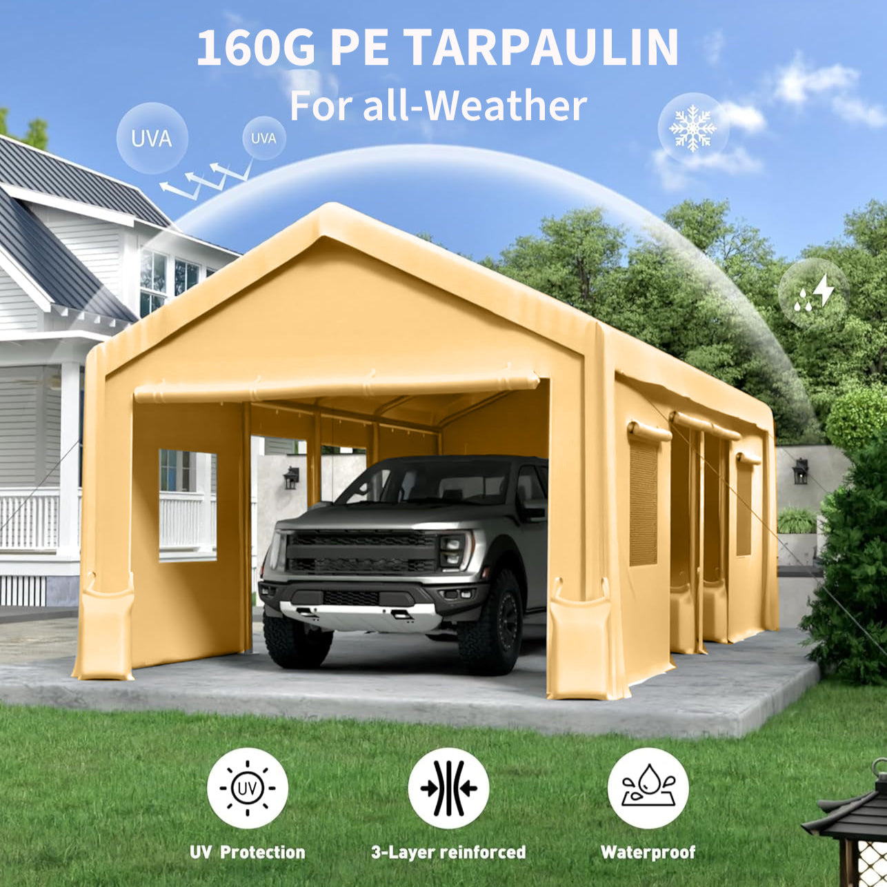 Garvee 10'x20' 160G Heavy-Duty Carport Replacement Cover Waterproof UV Protected for Garage Tent Shelter Outdoor Yellow (Frame Not Included)