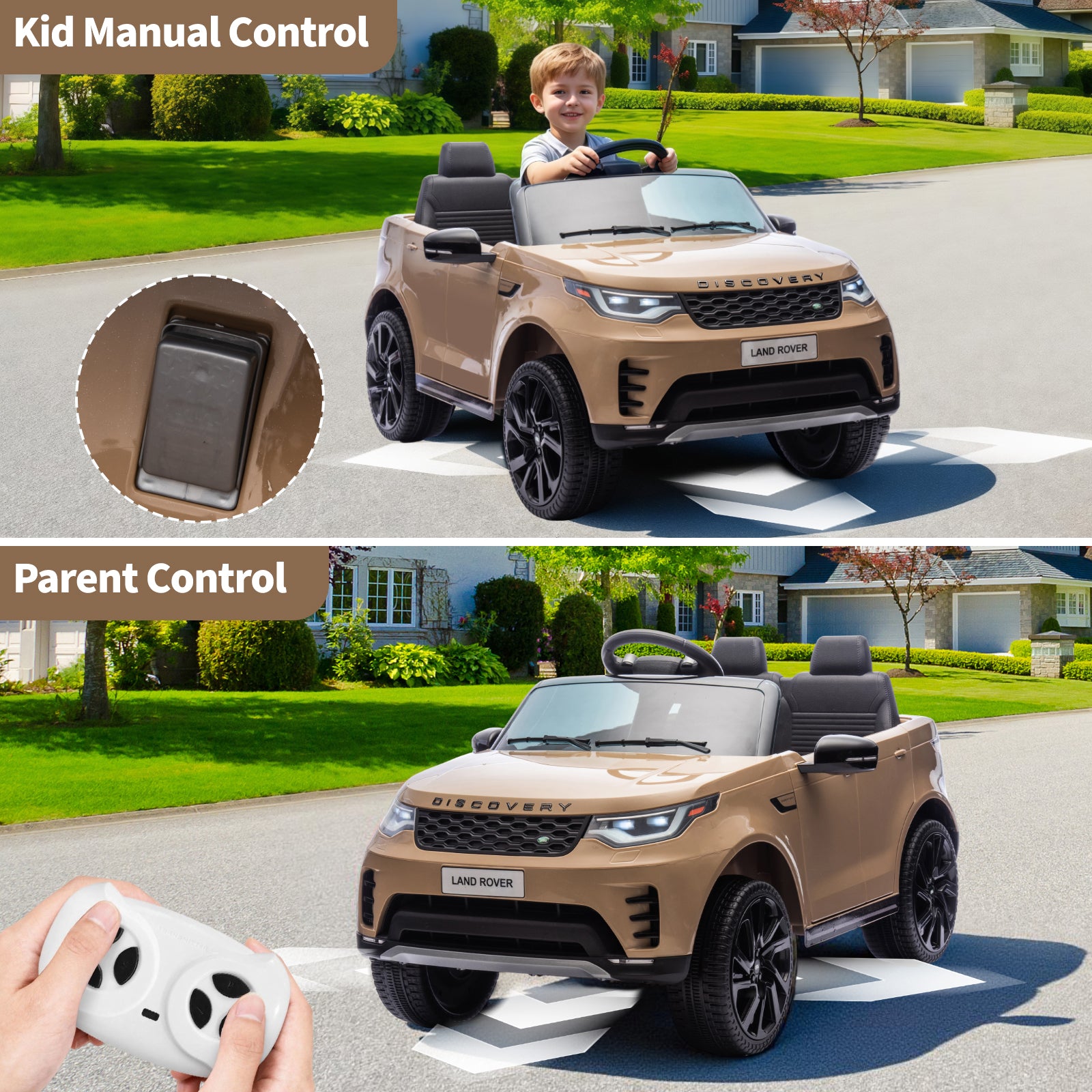 Garvee Ride P Series 12V Kids Ride On Car Land Rover Style Dual Motors 3 Speed Modes 4.5Ah Battery Safety Seatbelt Remote Control Black Outdoor Play - Brown