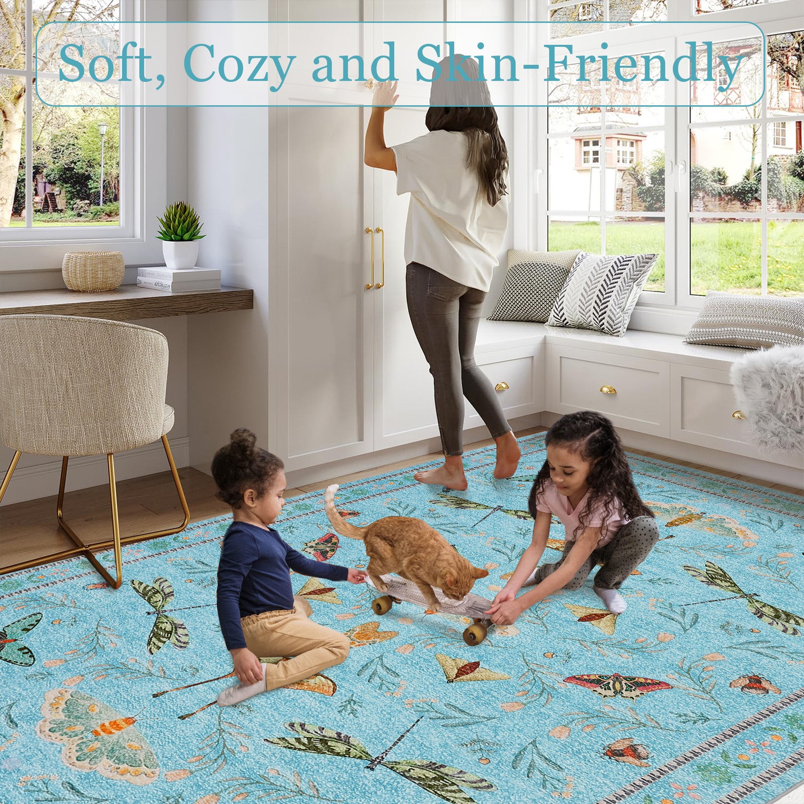 Garvee Blue Butterfly 4x6 Washable Non Slip Low Pile Stain Resistant Ultra Thin Insect Plant Rug for Living Room Nursery