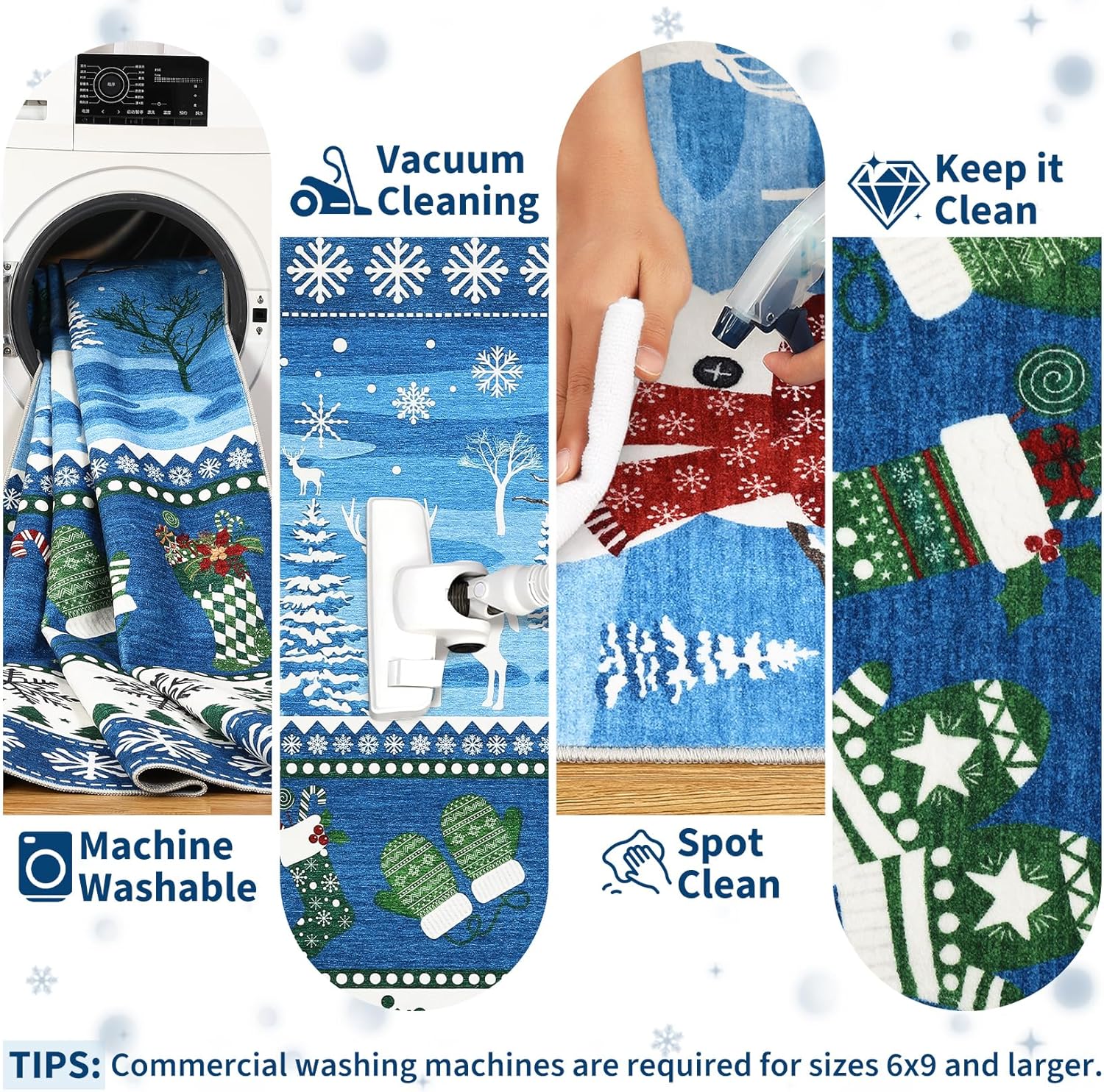 Garvee Blue 9x12 Washable Area Rug Christmas Living Room Rugs Non Slip Snowman Large Bedroom Carpet Xmas Festival Soft Stain Resistant Throw Carpet Indoor for Nursery Kids Room