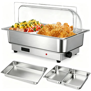 Garvee Electric Chafing Dish 600W Buffet Food Warmer with Temp Control, 201 Stainless Steel, PC Roll Top Lid, Party Catering, Plug & Serve
