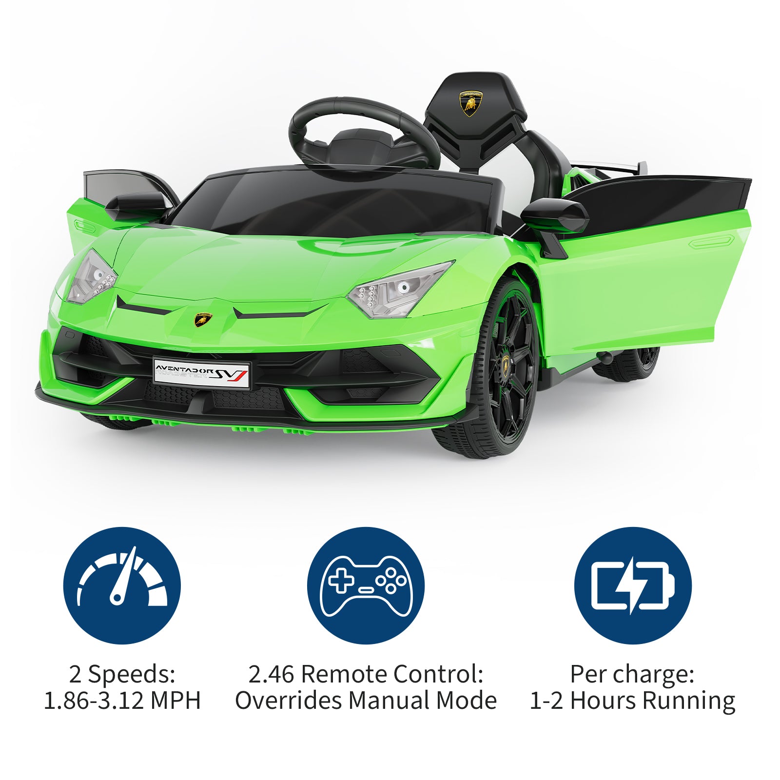 Garvee Ride P Series 12V Electric Ride-On Car for Kids | Licensed Lamborghini Battery-Powered Sports Car with Remote Control, 2 Speeds, Sound System, LED Headlights, Hydraulic Doors - Green