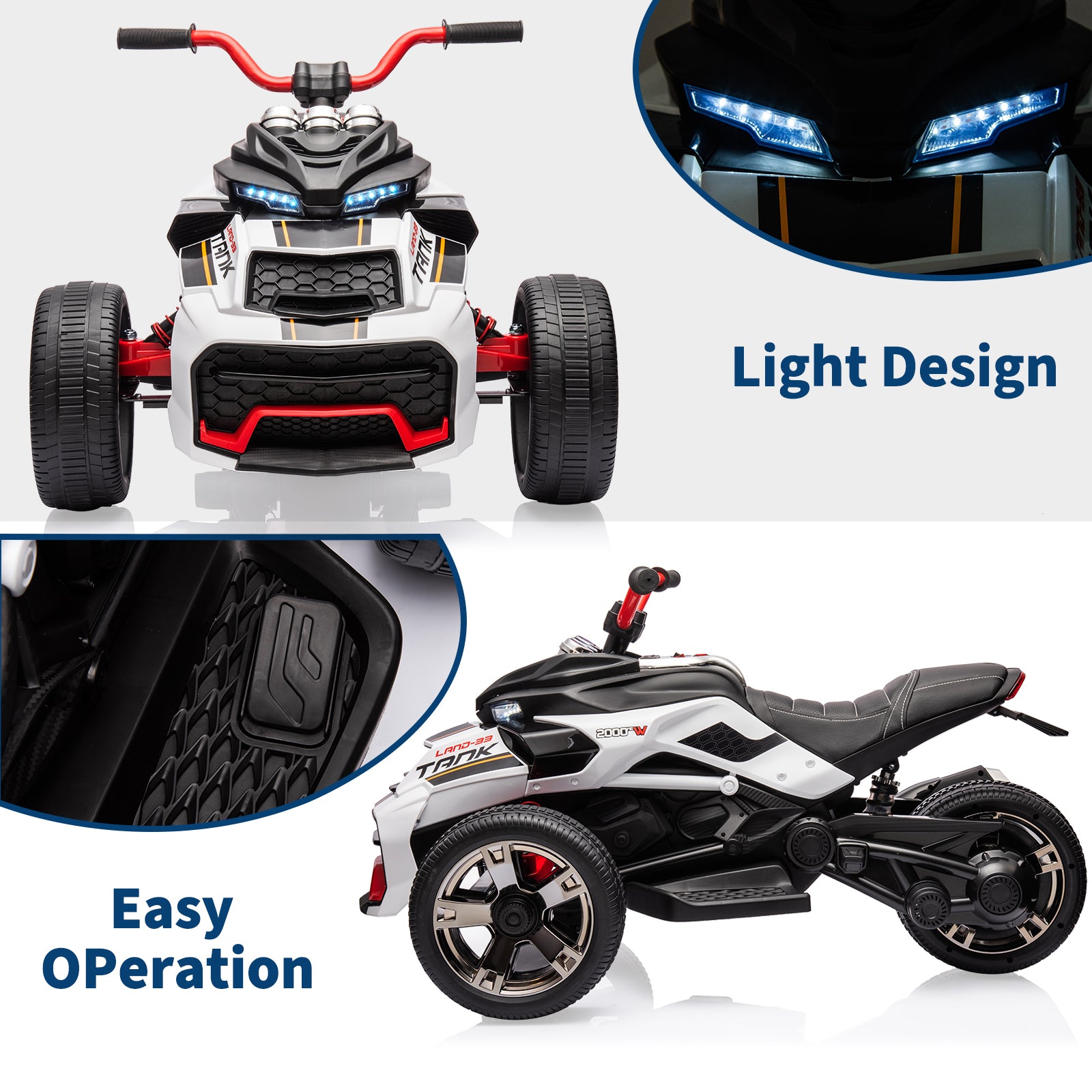 Garvee 12V Kids Ride on Toy for Kids, 2x55W Powerful Engine 7AH Battery, 3 - 7 km/H, 3 Wheelers Electric Vehicle, LED Lights, 2 Speeds, EVA Tire, Music, USB - White