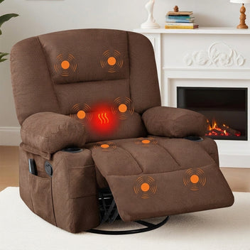 Garvee 360° Swivel Rocker Chair with Cup Holders & Side Pocket, Wide Recliner Chair with Heat and Vibration Massage, Chenille Fabric Manual Recliner Lazy Boy Chair for Adults, Brown
