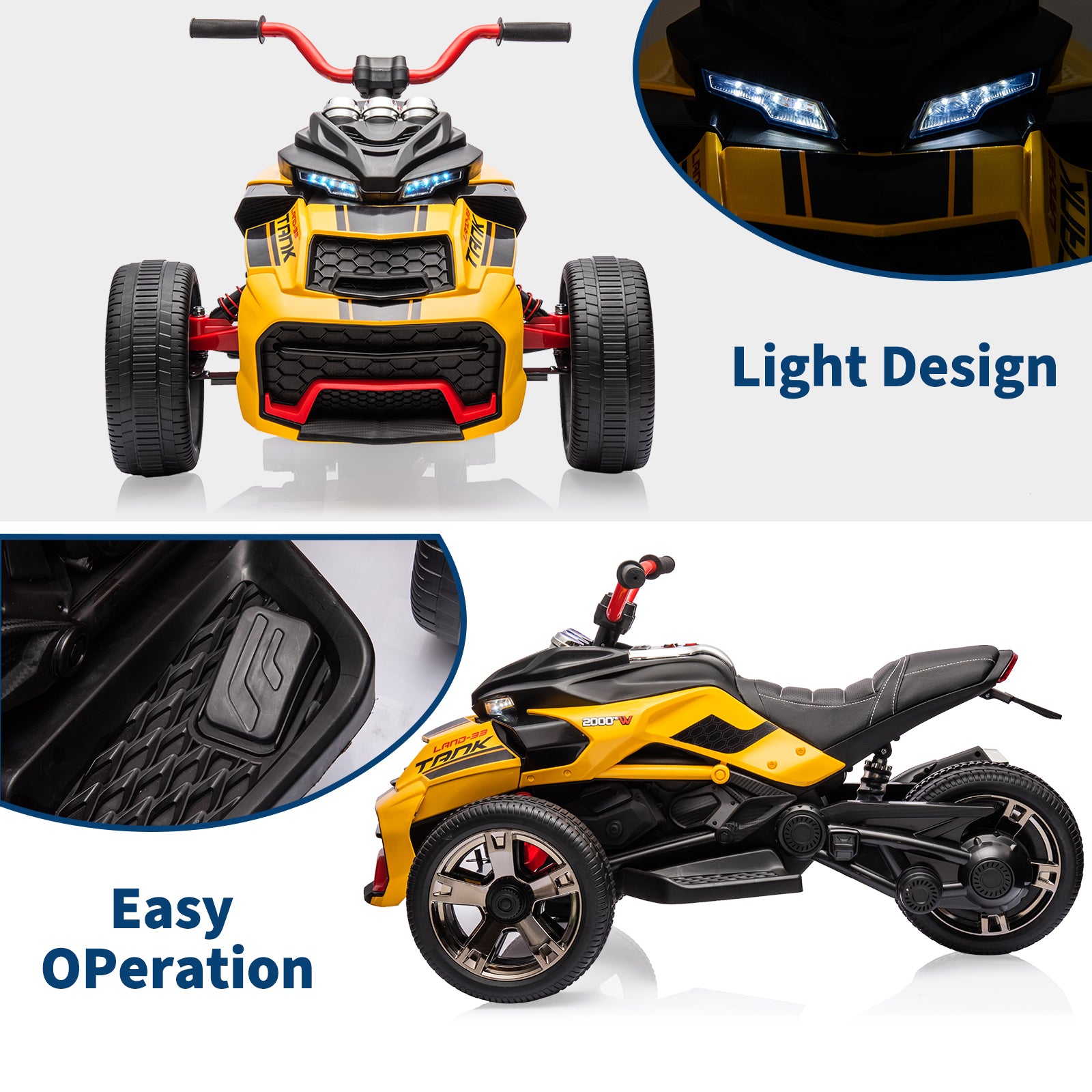 Garvee 12V Kids Ride on Toy for Kids, 2x55W Powerful Engine 7AH Battery, 3 - 7 km/H, 3 Wheelers Electric Vehicle, LED Lights, 2 Speeds, EVA Tire, Music, USB - Yellow