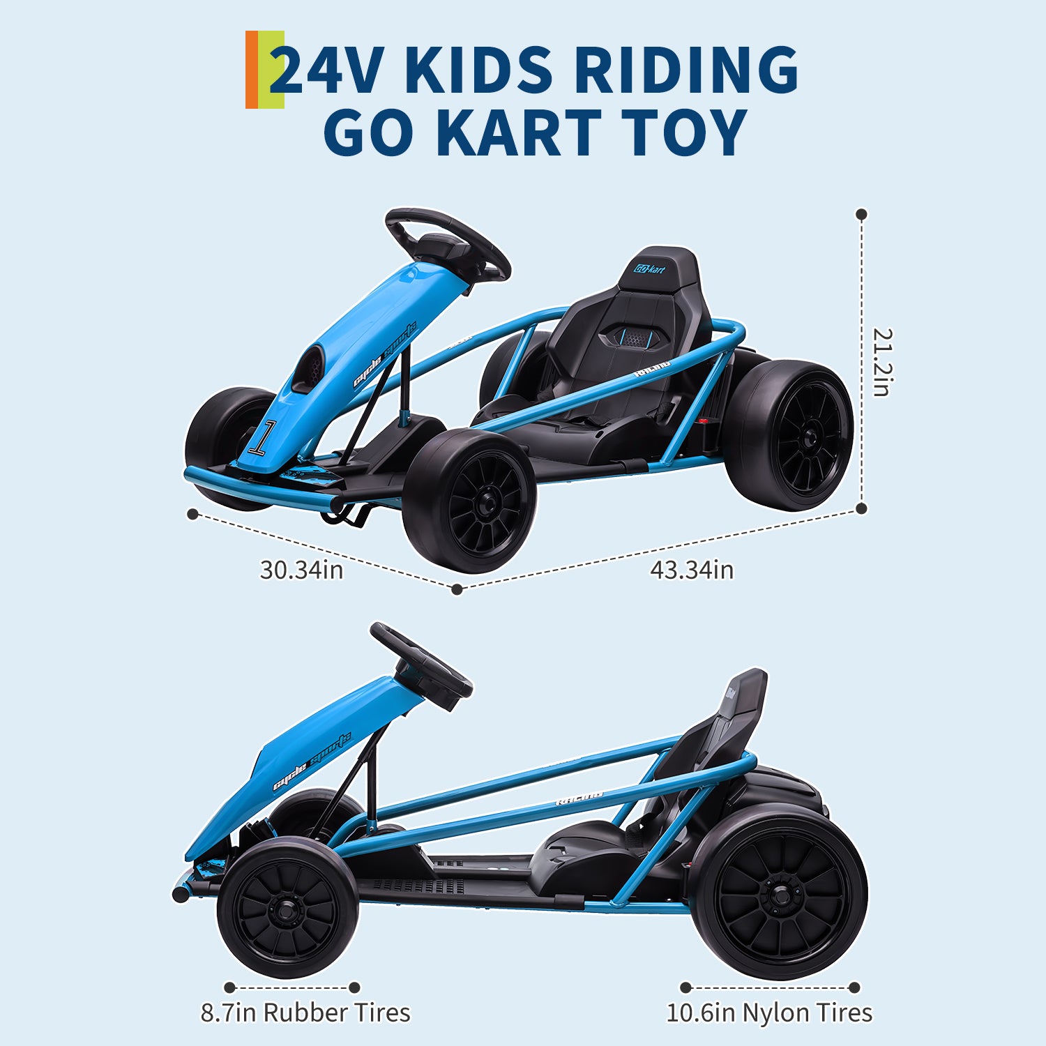 Garvee Ride G Series 24V Go Kart for Kids 8-12, 300W*2 Motors, 9Ah Battery, 8MPH Speed, Music, Horn, 175lbs Max Load - Blue