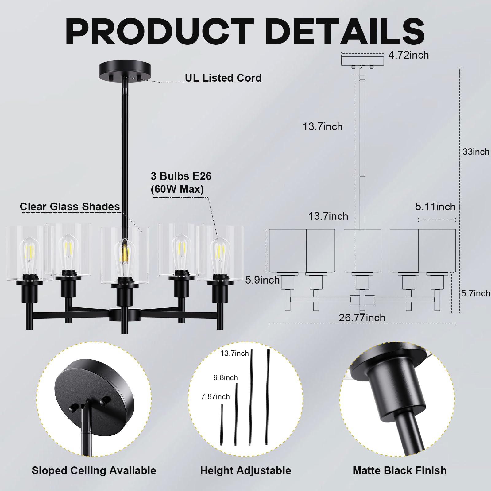 Garvee 5-Light Chandelier for Dining Room, Farmhouse Chandelier with Clear Glass, Height Adjustable Industrial Metal Hanging Fixture Pendant Ceiling Lighting for Foyer Living Room, Kitchen