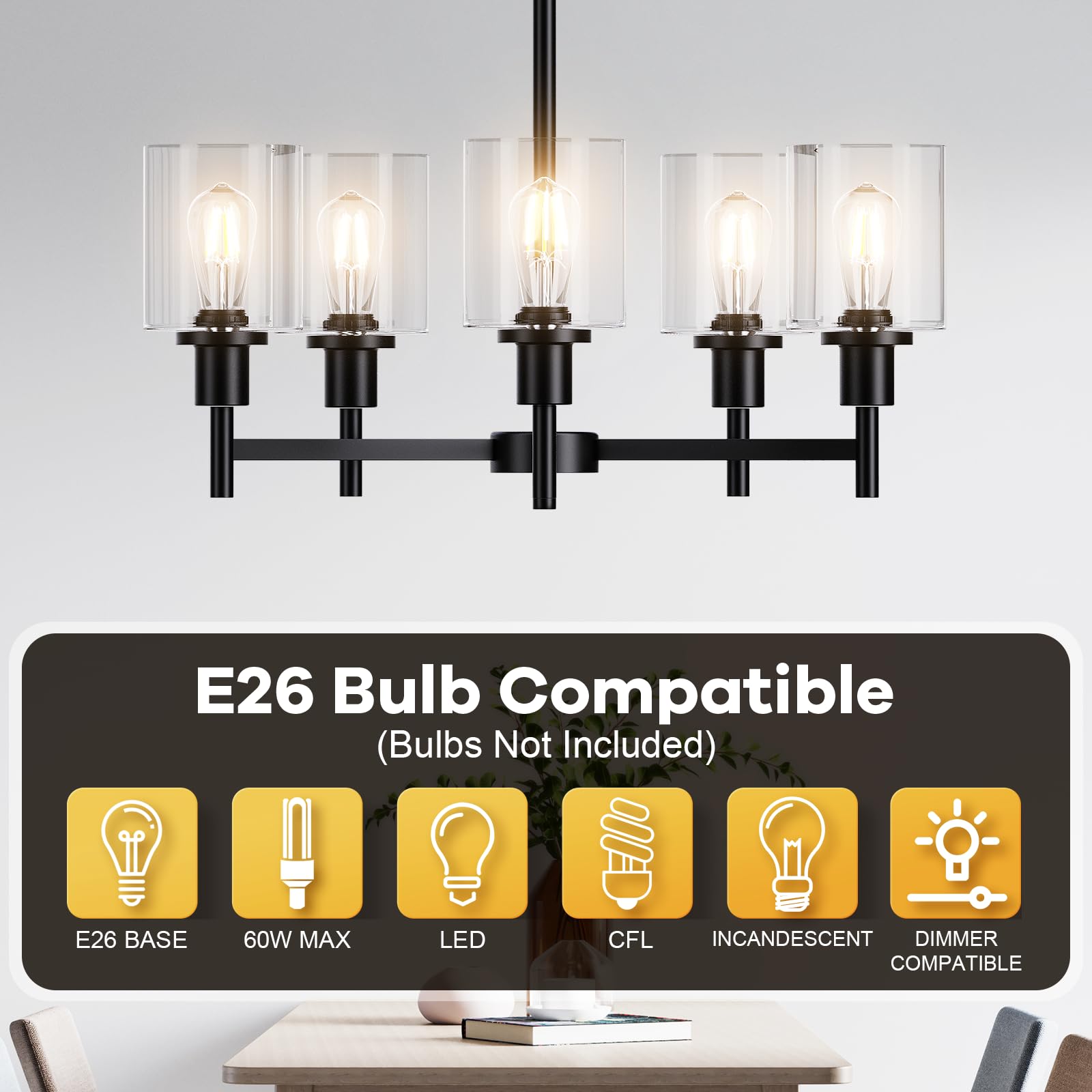 Garvee 5-Light Chandelier for Dining Room, Farmhouse Chandelier with Clear Glass, Height Adjustable Industrial Metal Hanging Fixture Pendant Ceiling Lighting for Foyer Living Room, Kitchen