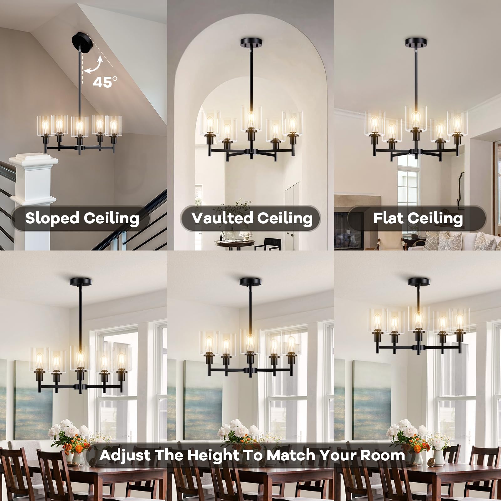 Garvee 5-Light Chandelier for Dining Room, Farmhouse Chandelier with Clear Glass, Height Adjustable Industrial Metal Hanging Fixture Pendant Ceiling Lighting for Foyer Living Room, Kitchen