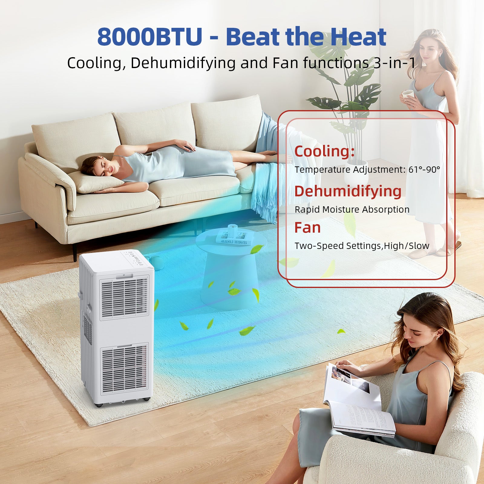 8000 BTU 3-in-1 Portable AC, Cools Up to 350sq.ft, Sleep Mode
