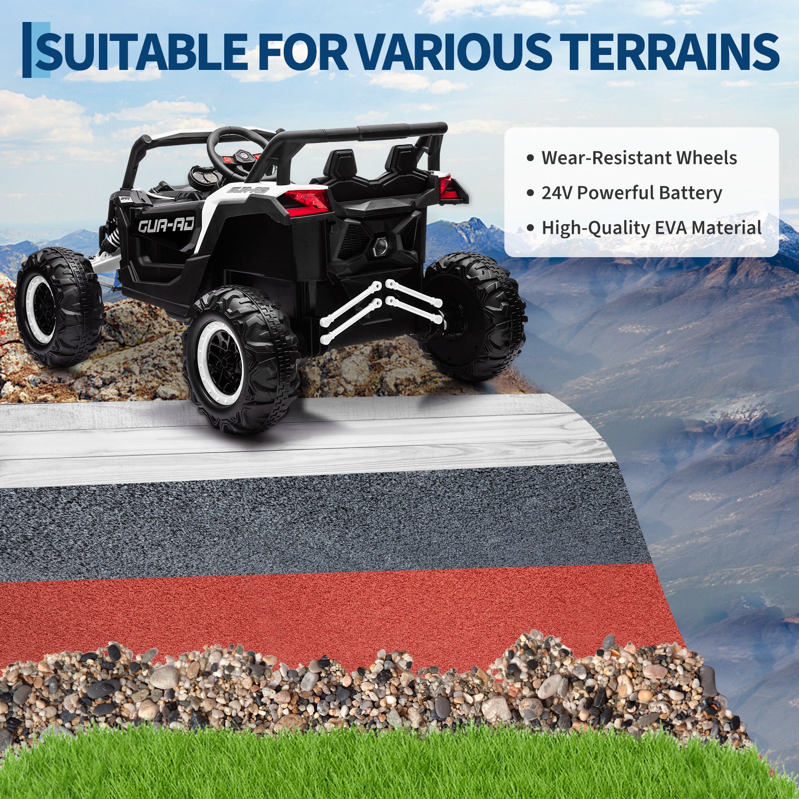 Garvee Ride - P Series: 24V Ride-On UTV, 200W Motor, Remote Control, Spring Suspension, Music, LED Lights, Electric Car for Boys Girls, Outdoor Adventure Toy White