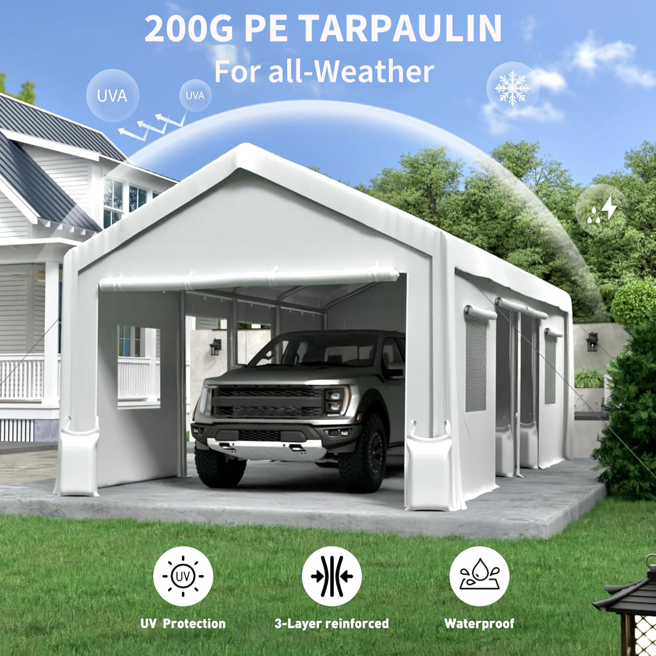 Garvee 10'x20' 200G Heavy-Duty Carport Replacement Cover Waterproof UV Protected for Garage Outdoor Shelter White (Frame Not Included)