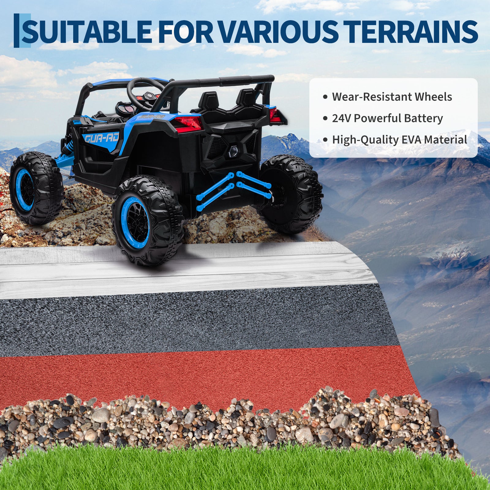 Garvee Ride - P Series: 24V Ride-On UTV: Remote Control, 200W Motor, Spring Suspension, Music, LED Lights, for Boys & Girls - Blue