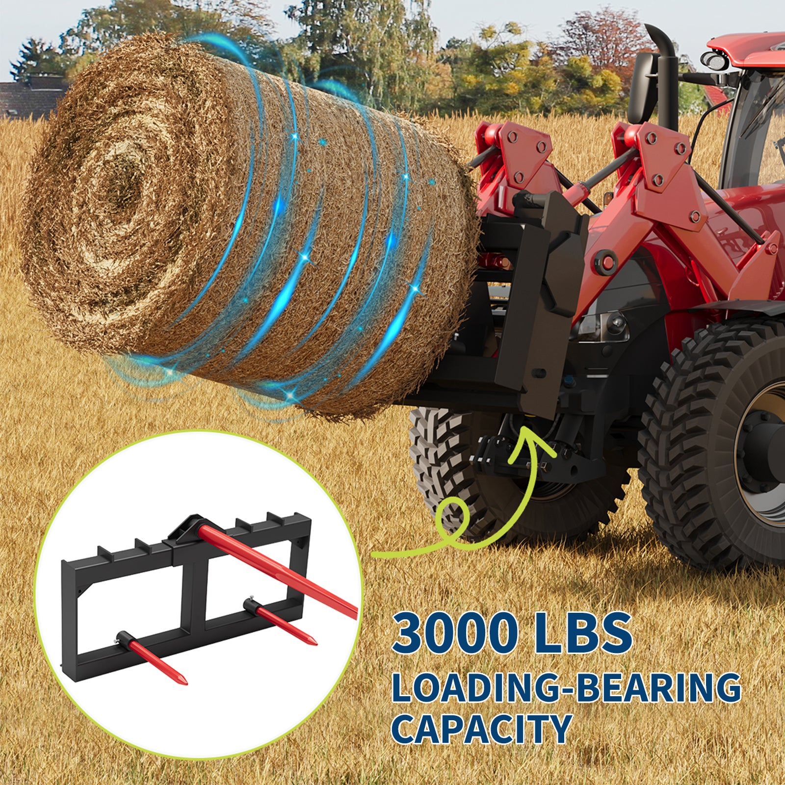 Garvee 3000lbs Quick Attach Bale Spear Attachment for Skid Steer & Tractor, 49" Hay Spear with 2x17" Stabilizer Spears, Heavy Duty Hay Frame