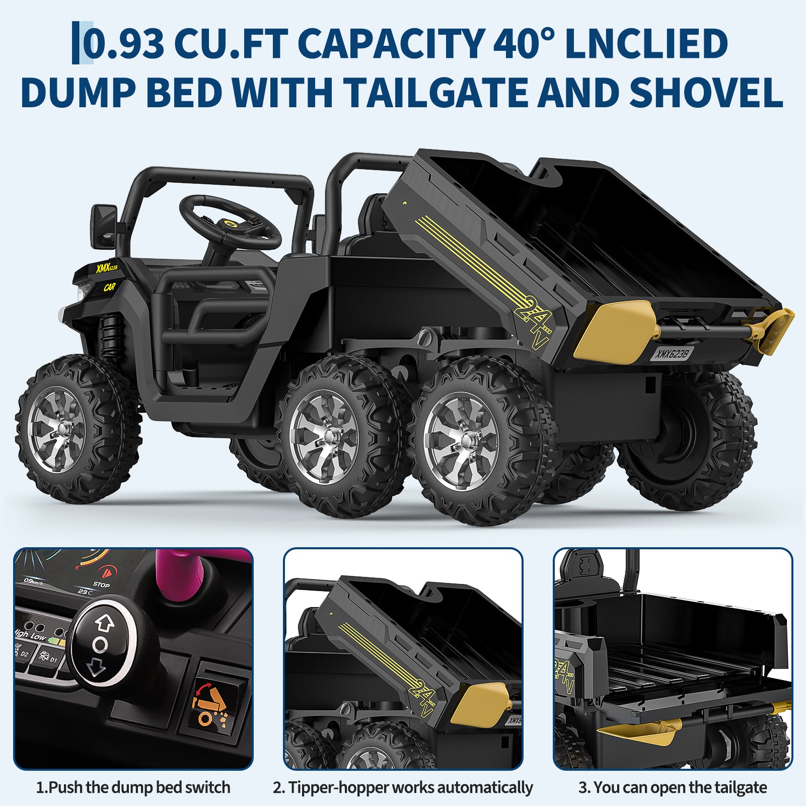 Garvee Ride - P Series: 2-Seater Ride on Car,6X6 24V Kids Ride On Dump Truck with Remote Control Electric Utility Vehicles UTV Battery Powered 6 Wheeler, for 3 years and up - Black