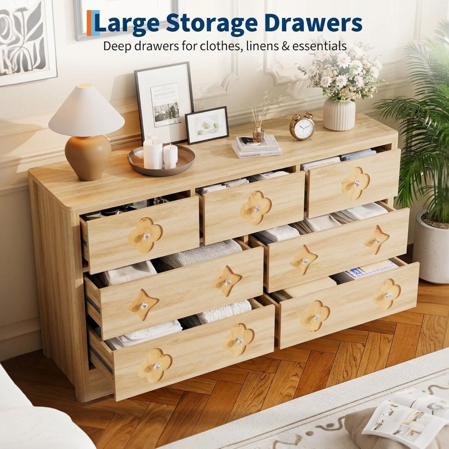 Garvee 7 Drawers Dresser for Bedroom, 54" Boho Wide Dresser Chest of Drawers, Clothes Storage Cabinet, Decorative Drawer Front Organizer for Bedroom, Living Room, Hallway, Natural Wood