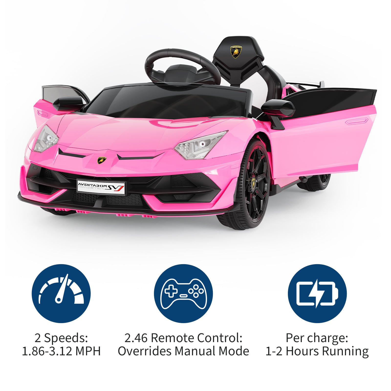 Garvee Ride P Series 12V Electric Ride-On Car for Kids | Licensed Lamborghini Battery-Powered Sports Car with Remote Control, 2 Speeds, Sound System, LED Headlights, Hydraulic Doors - Pink