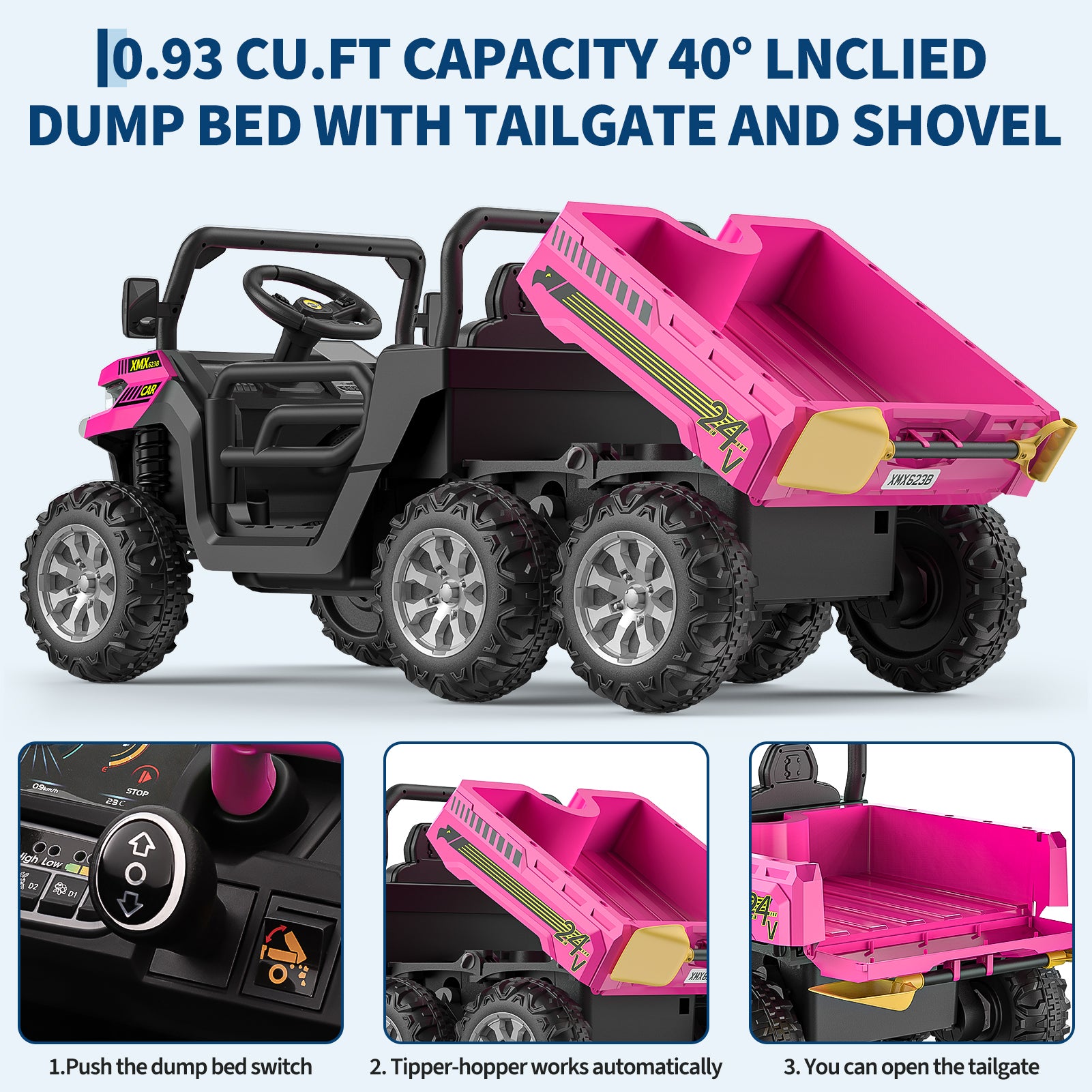 Garvee Ride - P Series: 2-Seater Ride On Car 24V 6X6 Kids Dump Truck with Remote, Battery 6 Wheeler, Electric UTV for 3 Years+, Outdoor Adventure Toy Vehicle Pink