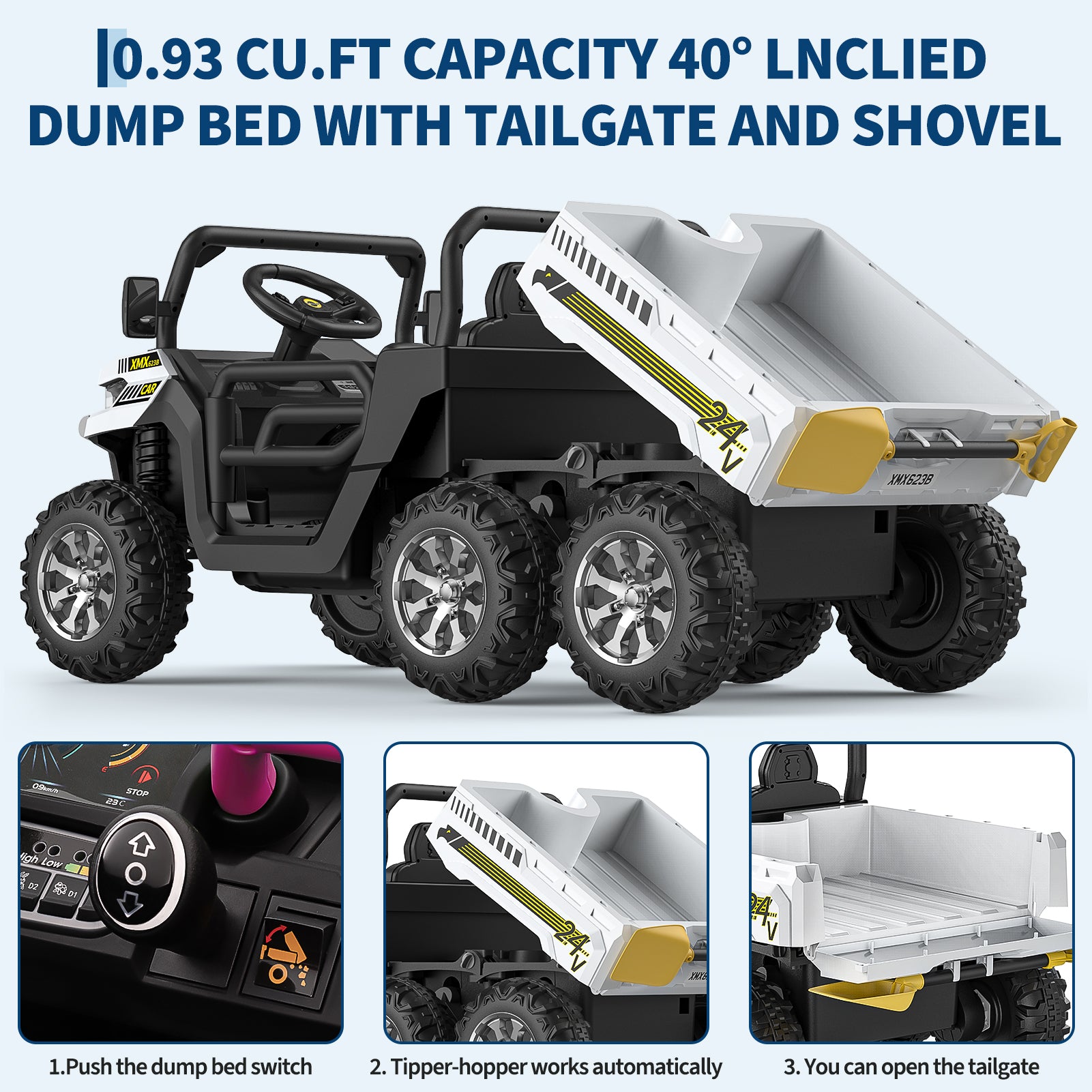 Garvee Ride - P Series: 2-Seater Ride on Car,6X6 24V Kids Ride On Dump Truck with Remote Control Electric Utility Vehicles UTV Battery Powered 6 Wheeler, for 3 years and up - White