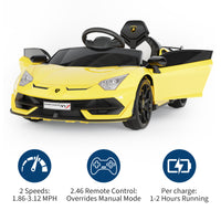 Garvee Ride P Series 12V Electric Ride-On Car for Kids | Licensed Lamborghini Battery-Powered Sports Car with Remote Control, 2 Speeds, Sound System, LED Headlights, Hydraulic Doors - Yellow