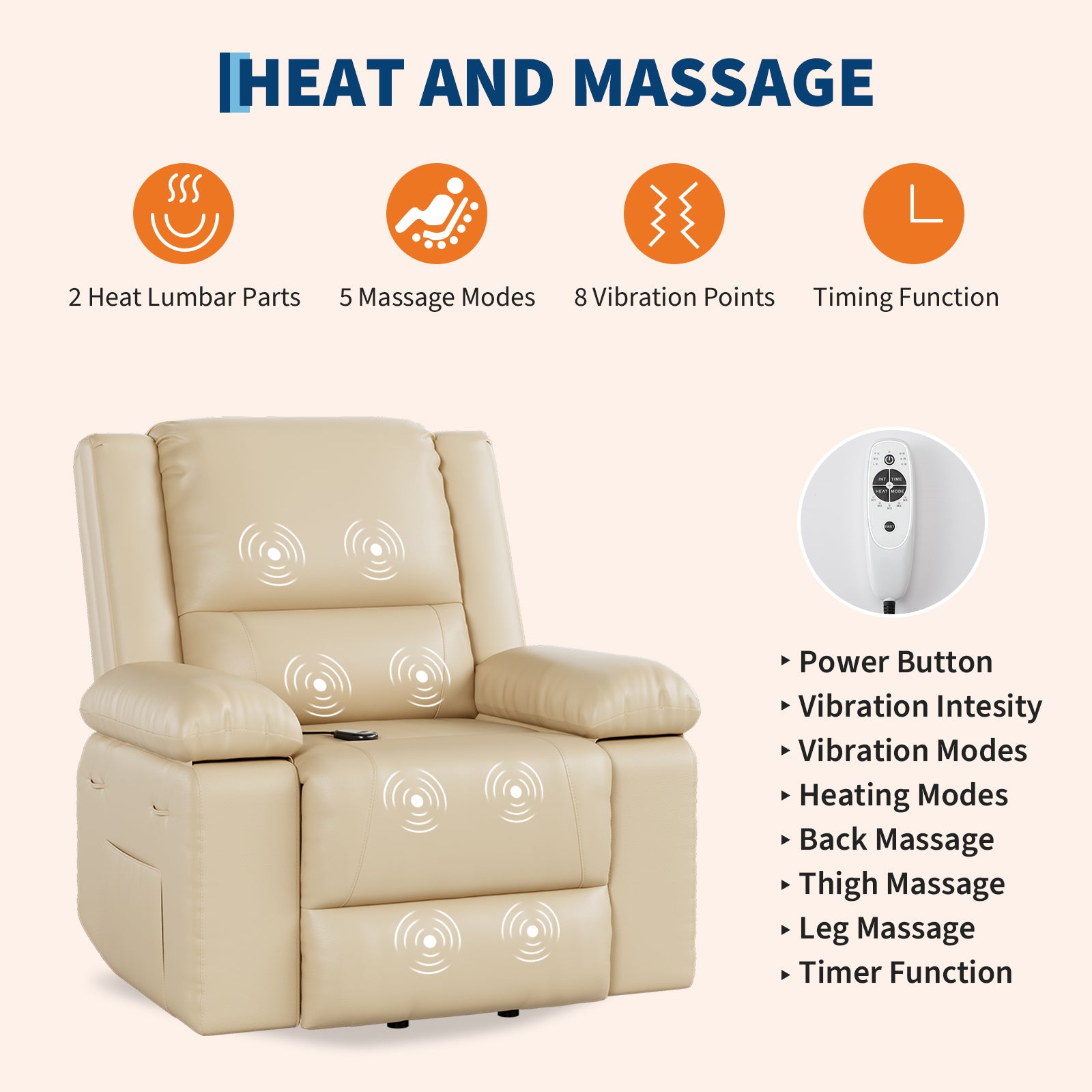 Garvee PU Leather Power Lift Recliner Chair with Massage and Heat, 8-Point Vibration, Adjustable Back and Leg Support, Electric Lift Chair Designed for Mobility Aid Elderly Relaxation, Beige