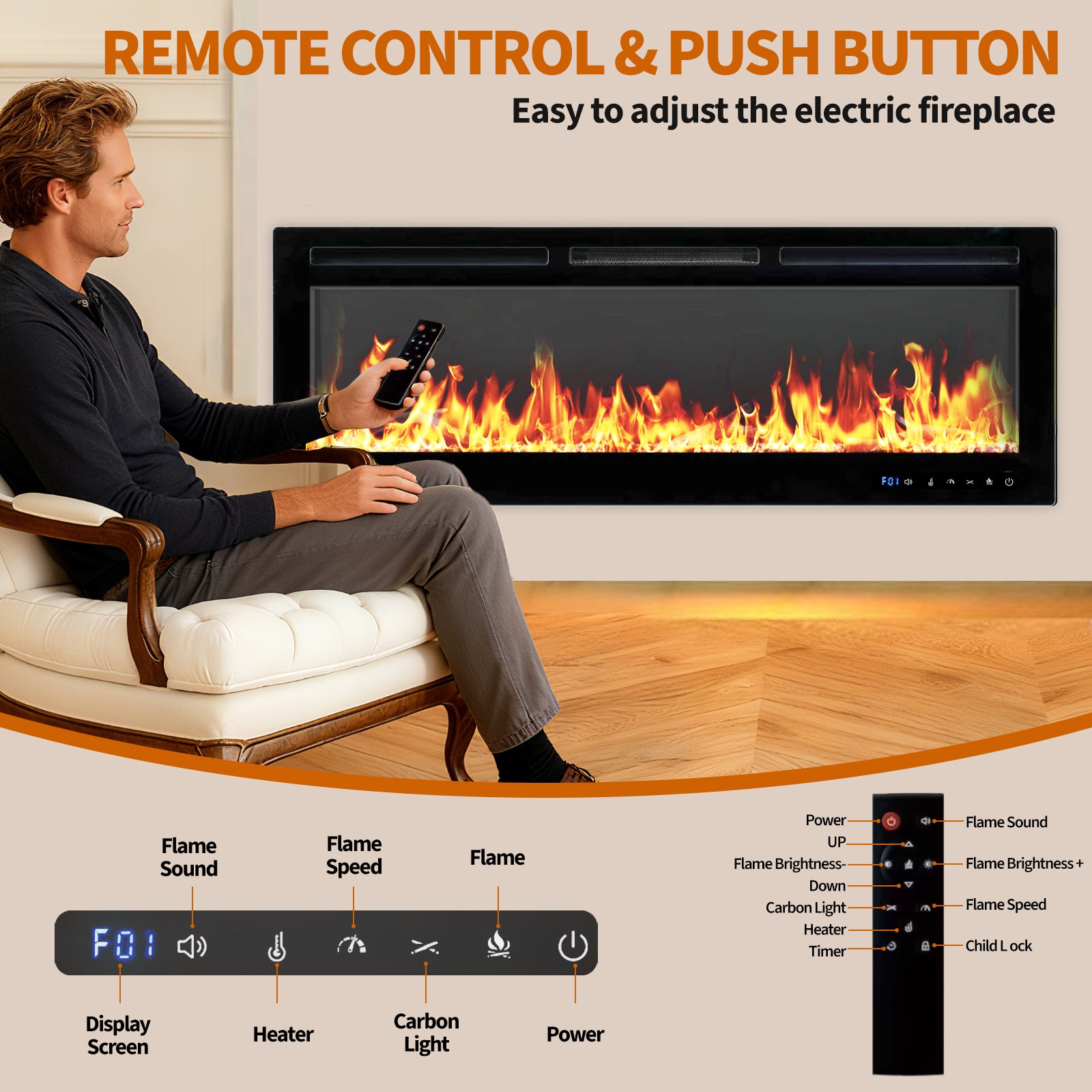 Garvee 80 Inch Electric Fireplace Wall Heater with 12 Flame Effects, Remote & Touch Control, Tempered Glass, Dual Heat Modes, WiFi Enabled, Bedroom & Living Room