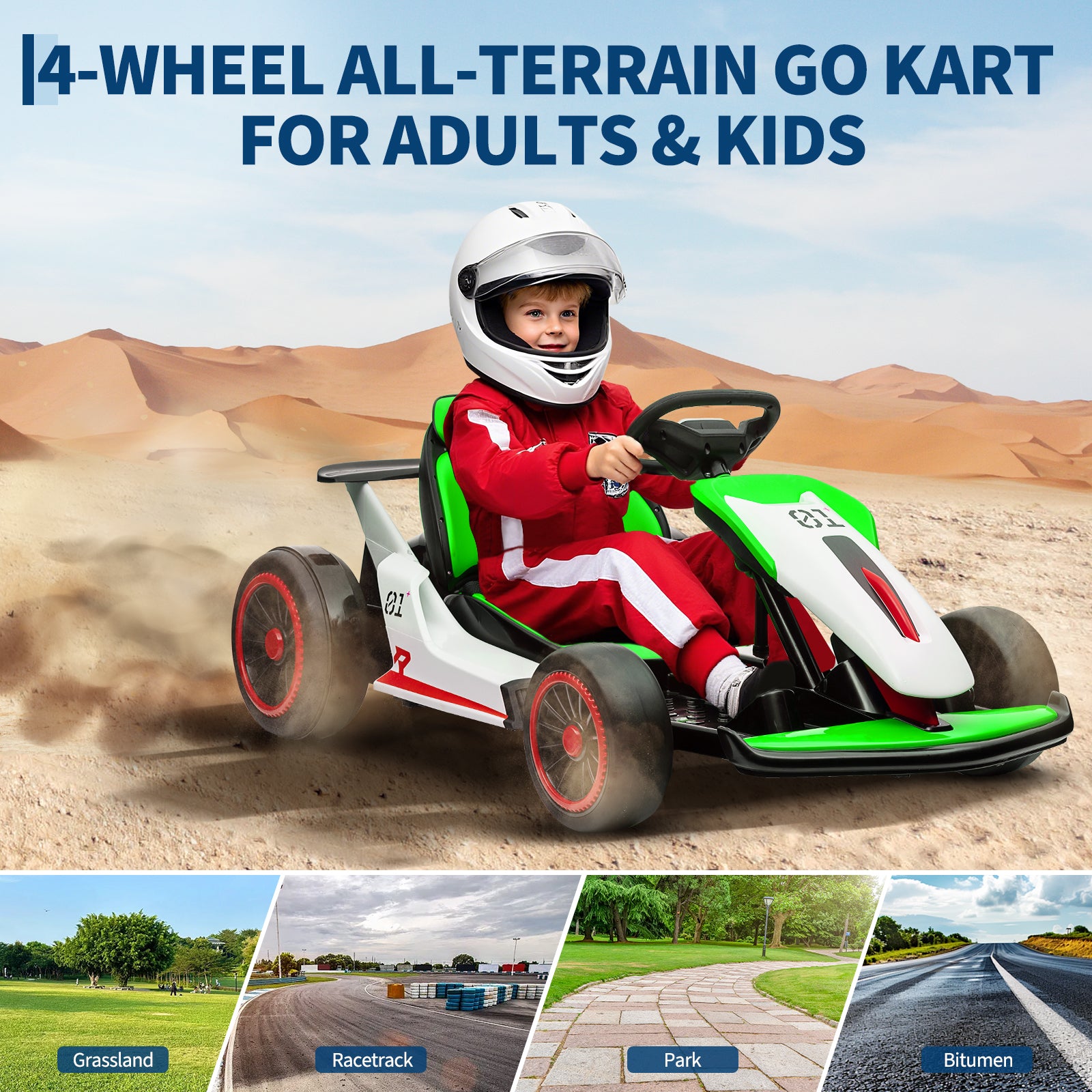 Garvee Ride - G Series: 6+,24V Drift Kart with 2X150W Strong Motor, 7AH Big Battery, Electric Pedals, Electric Go Kart Outdoor Race Toy - Green & White