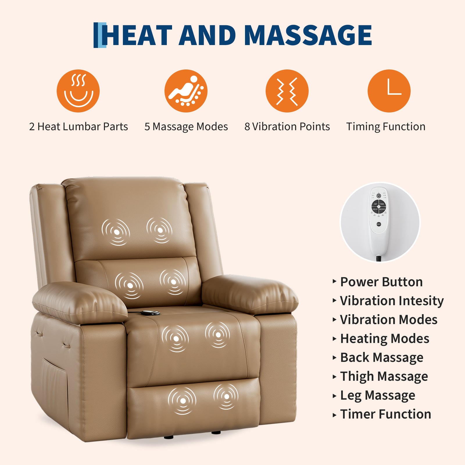 Garvee PU Leather Power Lift Recliner Chair with Massage and Heat, 8-Point Vibration, Adjustable Back and Leg Support, Electric Lift Chair Designed for Mobility Aid Elderly Relaxation, Tan