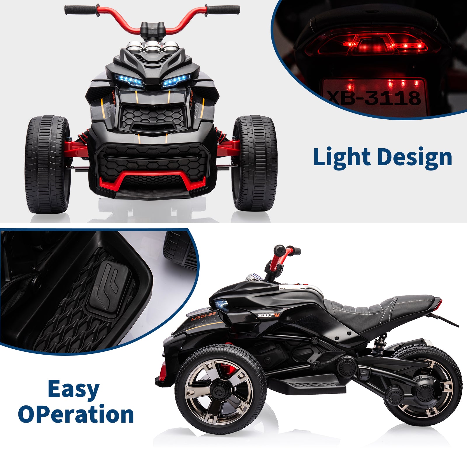 Garvee 12V Kids Ride On Toy 2x55W Engine 7AH Battery 3-7 km/h Speed 3-Wheeler Electric Vehicle with LED Lights Music USB Ideal for Outdoor Fun and Safe Play - Black