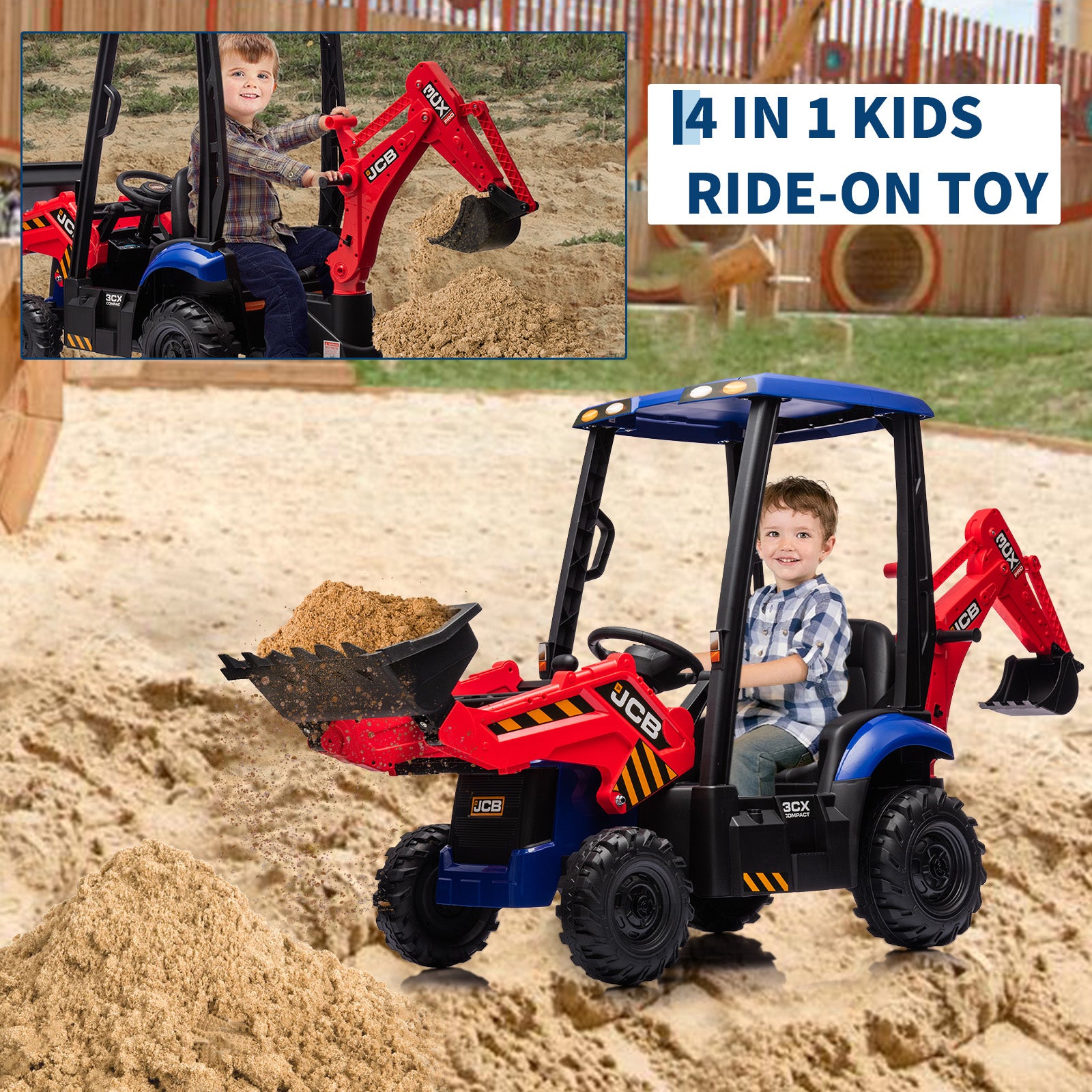 Garvee Ride - P Series: 4-in-1 Ride-On Tractor for Kids: Excavator, Bulldozer, Removable Tent, 12V Battery, Remote Control, Front Loader, Horn, EVA Tires - Red