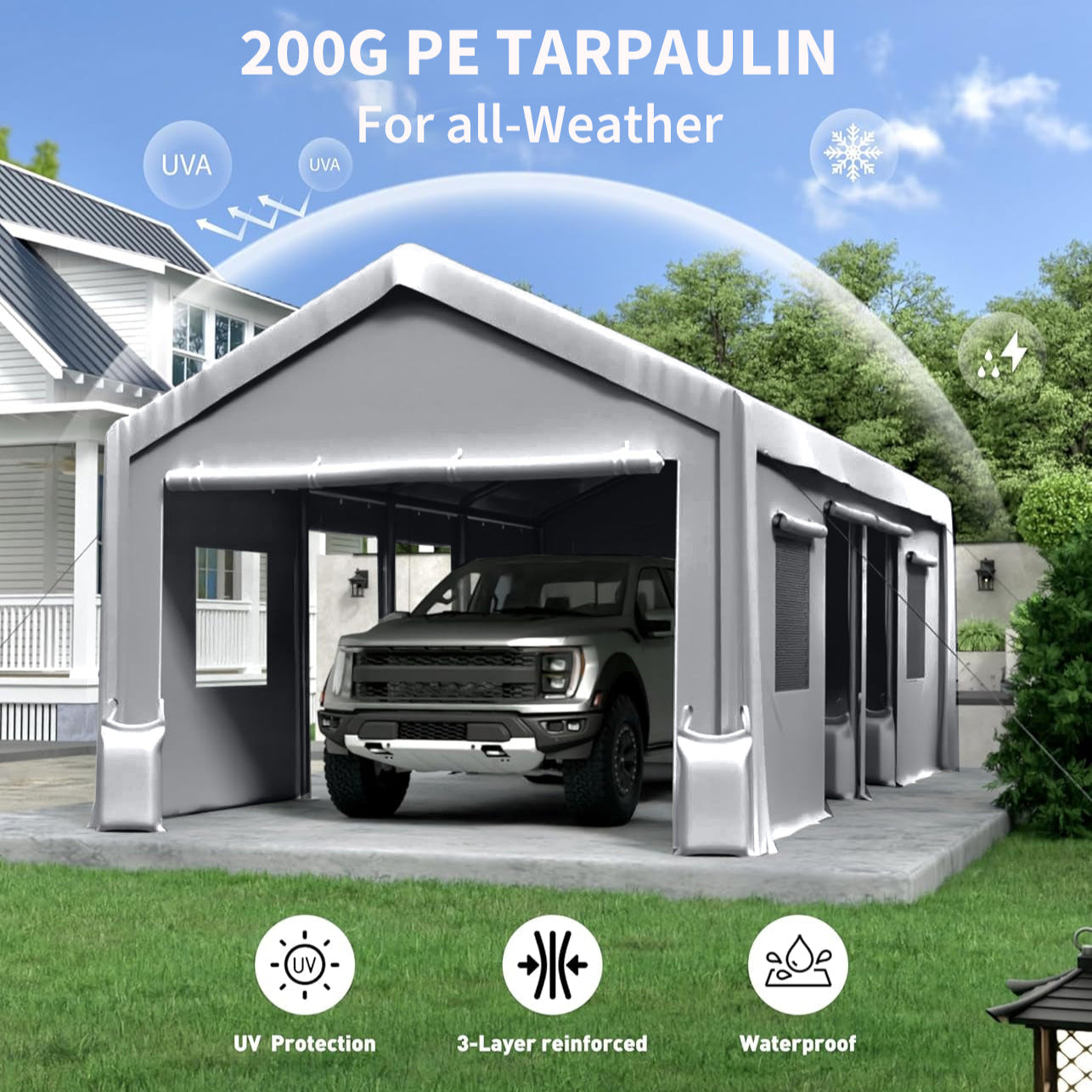 Garvee 13'x20' 200G Heavy-Duty Carport Replacement Cover Waterproof UV Protected for Garage Outdoor Shelter Grey (Frame Not Included)